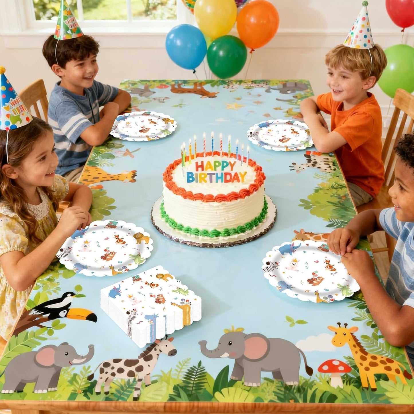 50pcs Animal Parade Paper Plates&Napkins Party Supplies-Scalloped Cute Disposable Animal Tableware White Birthday Dinner Plates for Kids Animal Zoo Birthday Baby Shower Party Celebrations Serves 25