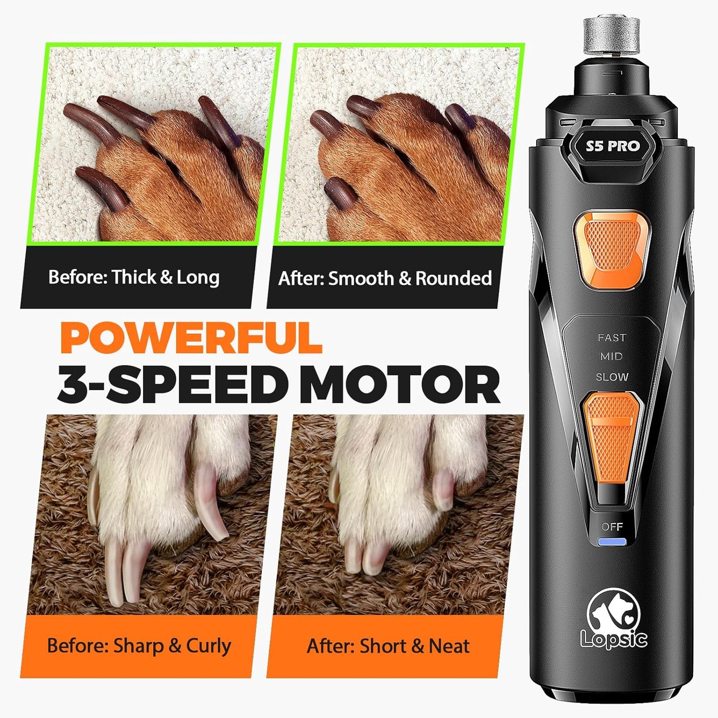 Whisper Quiet Dog Nail Grinder with LED Light, Safe & Stress-Free for Sensitive Dogs of All Breeds & Sizes, 3 Grinding Bits, 3-Speed, Pet Nail Trimmers, Rechargeable Painless Grooming Kit