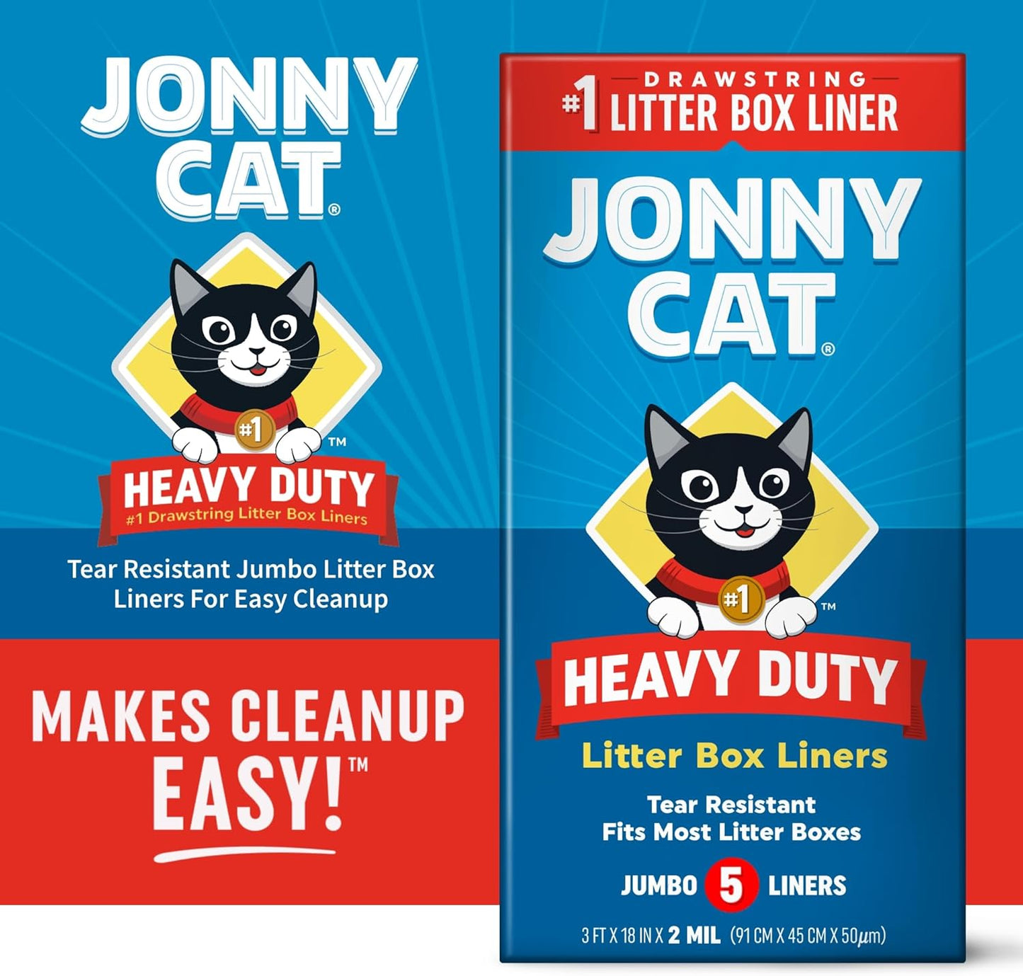 Jonny Cat Litter Box Liners: Heavy Duty - Tear & Leak Resistant - Drawstring Close - Jumbo, 5 Count