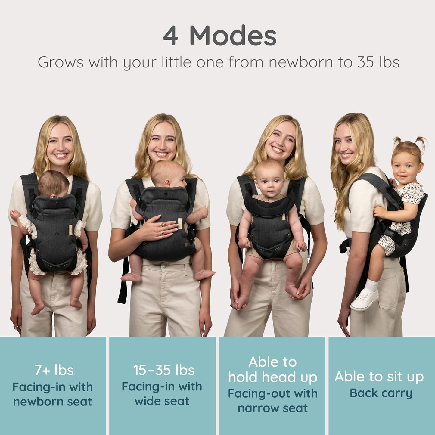 Infantino Flip Luxe 4-in-1 Convertible Baby Carrier, Ergonomic Infant to Toddler Carrier, Updated Lumbar Support, Premium Herringbone Fabric, Elevated Accents, Hands-Free Comfort, 7–35 lbs, Affogato