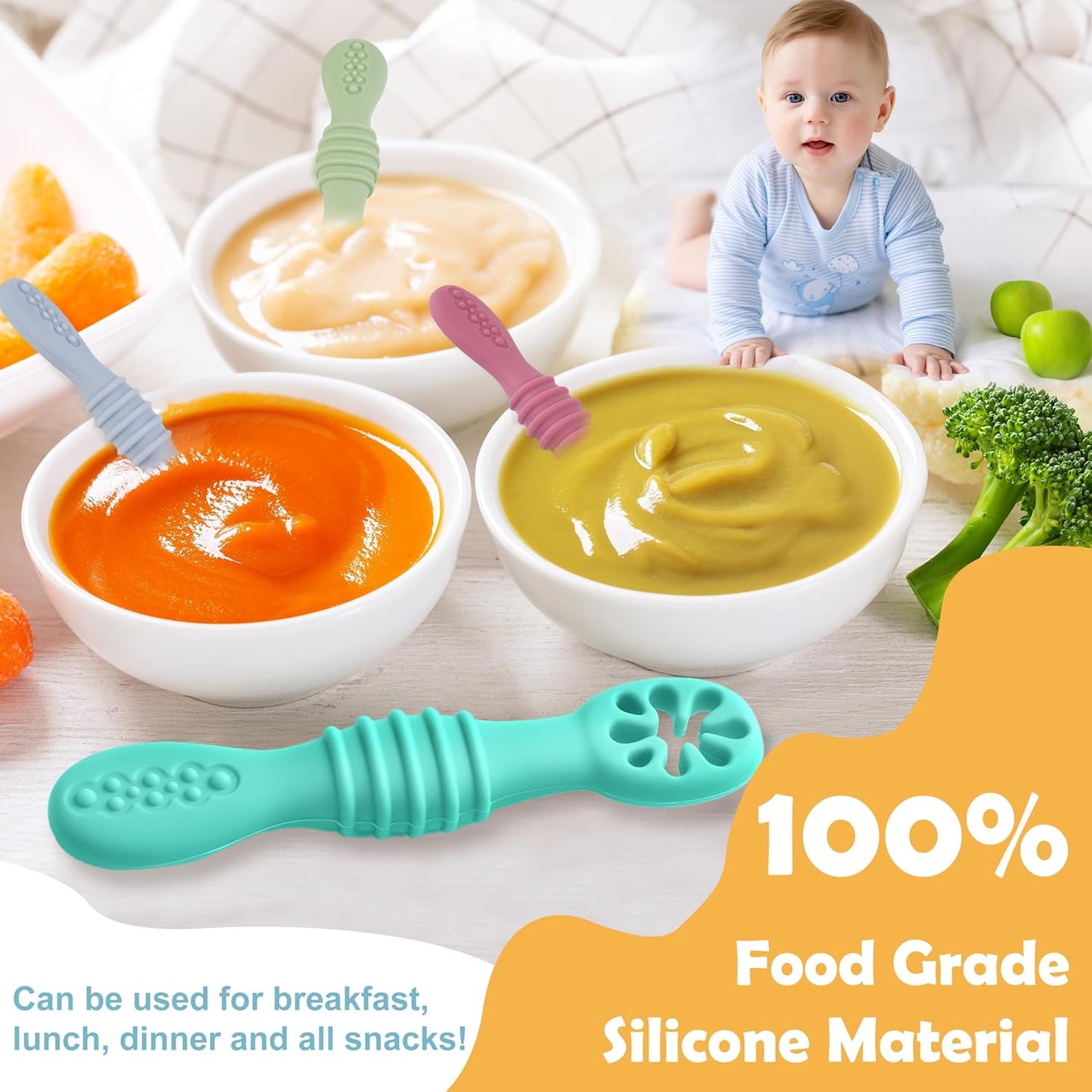 8 Pcs Baby Led Weaning Utensils, First Stage Silicone Baby Spoon, Multicolor Baby Spoons Self Feeding 6+ Months, Cucharas para Bebes for Solids and Purees