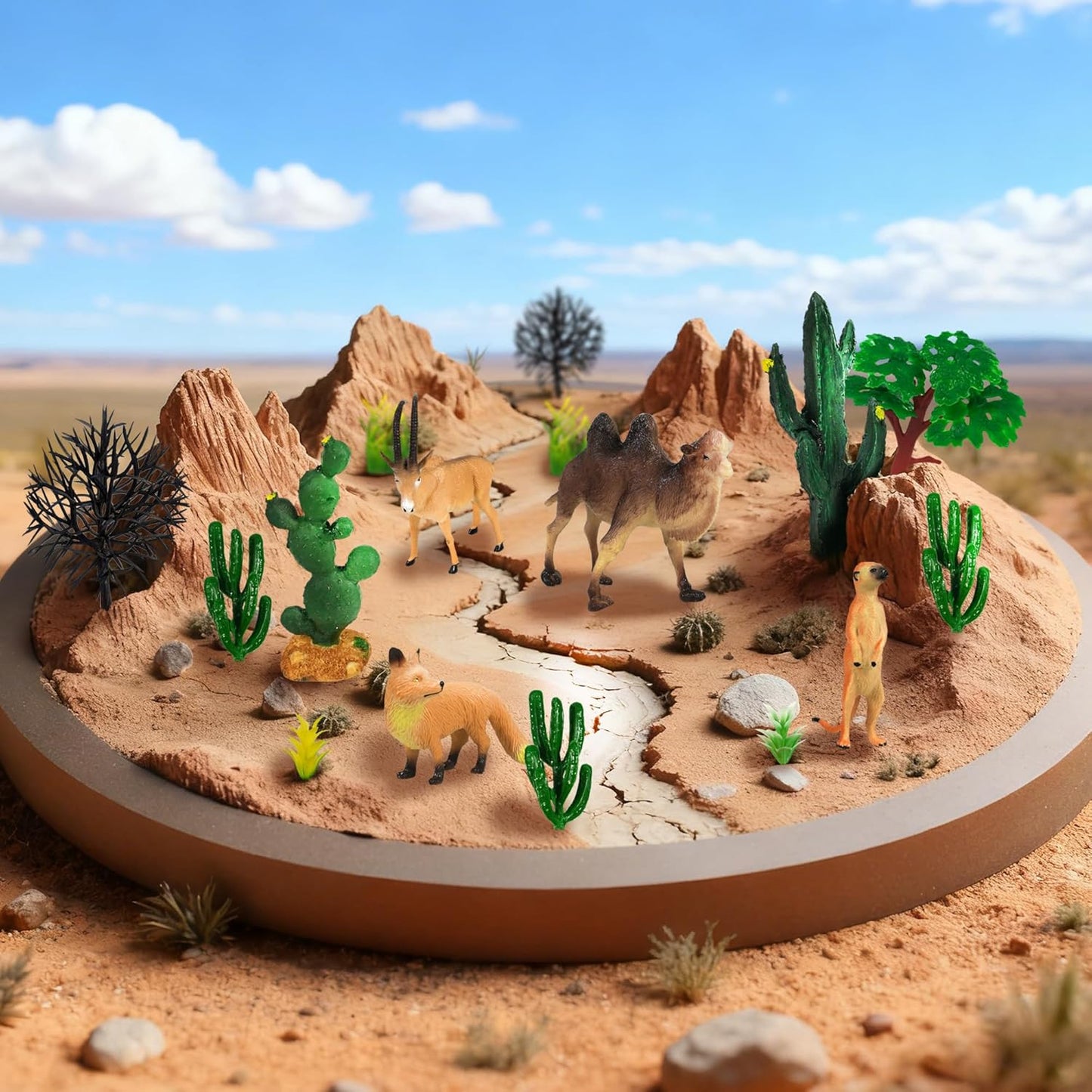 MOMOONNON 34pcs Desert Animal Figures Mixed Diorama Model Plants Artificial Animals with Camel Fox Meerkatz Gazelle for Crafts Building Model Desert Scenery Landscape Supplies