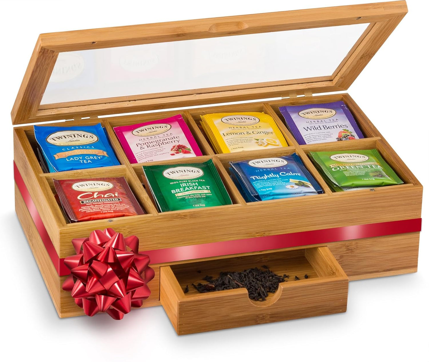 Bambüsi Tea Box Organizer with Drawer - 8 Compartment Bamboo Wooden Tea Storage Chest with Acrylic Window & Magnetic Lid - Tea Accessories & Gift Set for Women, Birthdays, House Warming Gifts New Home