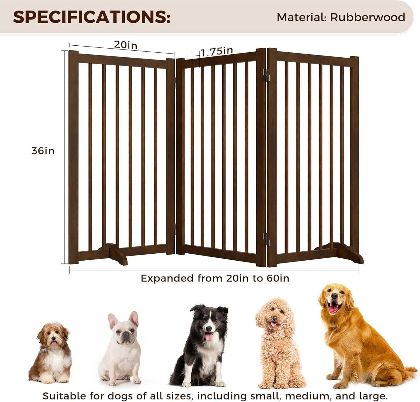 36" H Freestanding Dog Gate, Solid Wood Foldable Pet Gate with Support Feet, Wooden Tall Dog Gate for Doorway, Stairs & Indoor Use, 60" Wide Expandable Pet Fence, 3 Panels, Walnut