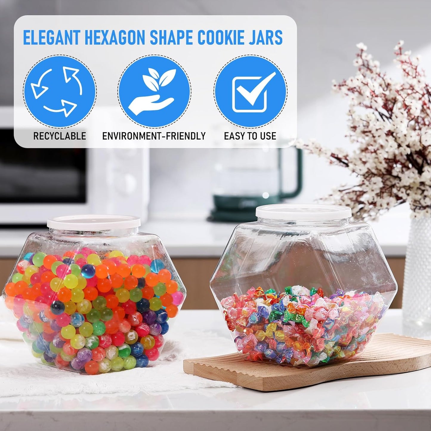 Uiifan 1 Piece Plastic Candy Jar with Lid Clear Fish Bowls Cookie Jar Hexagonal Containers for Snacks, Dog Food, Desk Pet, Craft and Sewing Supplies, Coffee Pod, Laundry Pod Storage Display(70 oz)