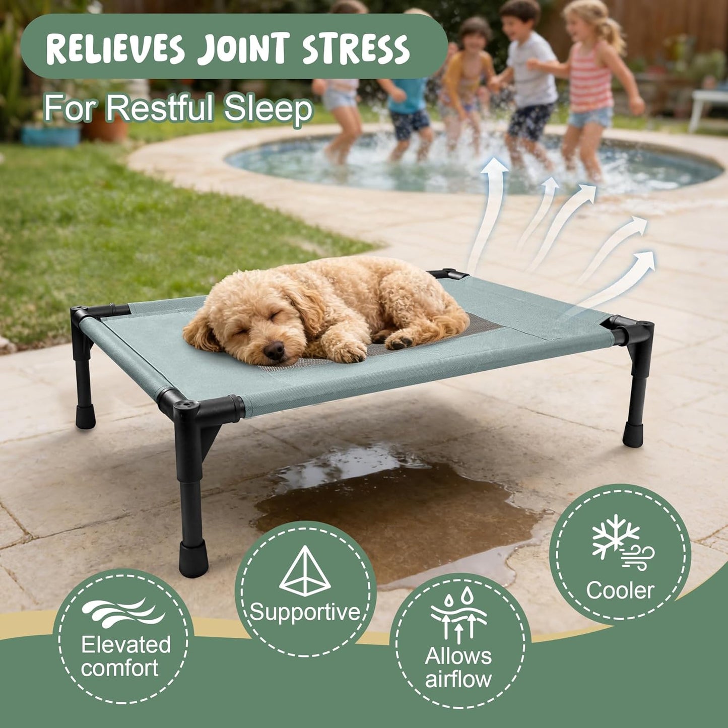Elevated Dog Bed for Large Dogs - Outdoor Cooling Cot with Washable Breathable Mesh, Portable Raised Pet Bed with Non-Slip Feet & Waterproof Teslin, Heavy Duty & Chew Proof for Camping (Grey, Large)