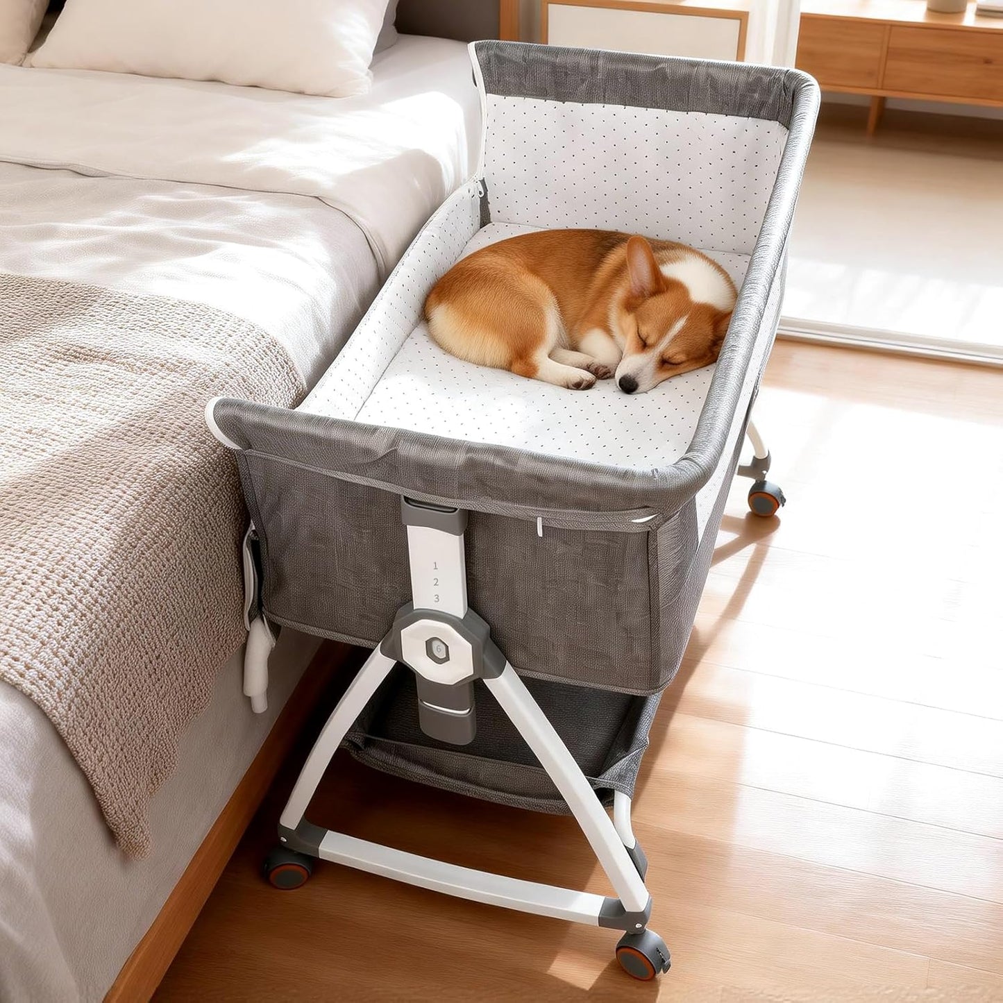 YUEPET Bedside Dog Bed Sleeper, 6-Level Adjustable Pet Bassinet with Lockable Wheels, Removable Washable Cover, Breathable Mesh & Large Storage Extension for Small Medium Dogs Cats (35'' × 21.7''