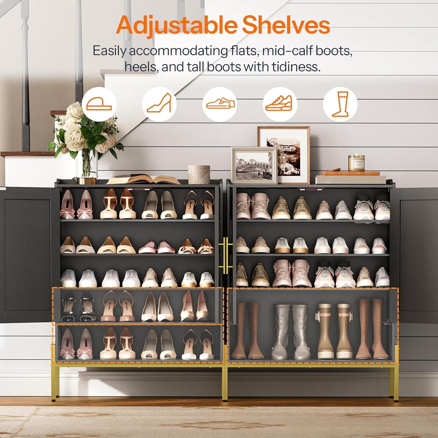 HOOBRO Shoe Cabinet, 5-Tier Shoe Storage Organizer with Doors, Wooden Shoe Cabinet Storage for Entryway, Freestanding Shoe Rack Cabinet with 3 Adjustable Shelves for Hallway, Gold and Black DB41SC01