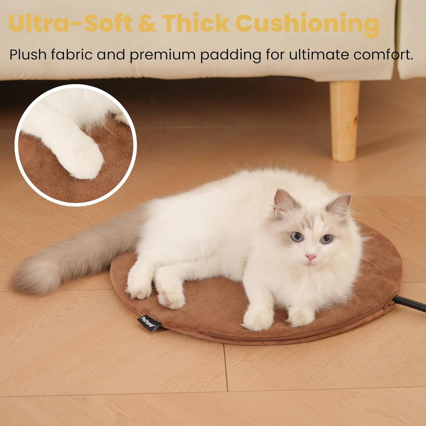 Pet Heating Pad for Cats Dogs Indoor & Sheltered Outdoor Waterproof Heated Cat Bed Heated Dog Bed Chew Resistant Cord Constant Temperature Brown Round 16 Inch