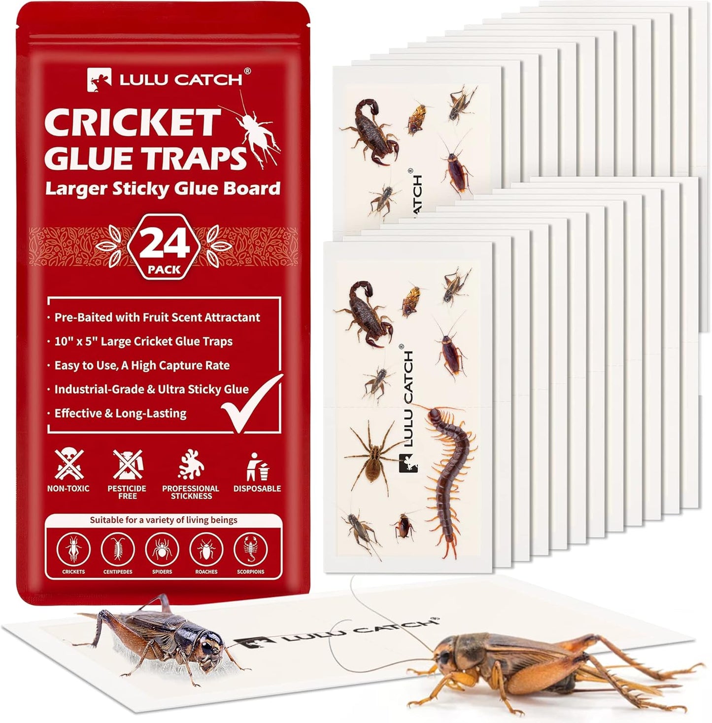 LULUCATCH Cricket & Insect Glue Traps 24 Pack, Adhesive Bug Catcher, Pre-Baited Spider Scorpion Trap, Non-Toxic Glue Boards Indoor for Home Catching Bugs, Mice & Rodents, Pet Safe Pest Control