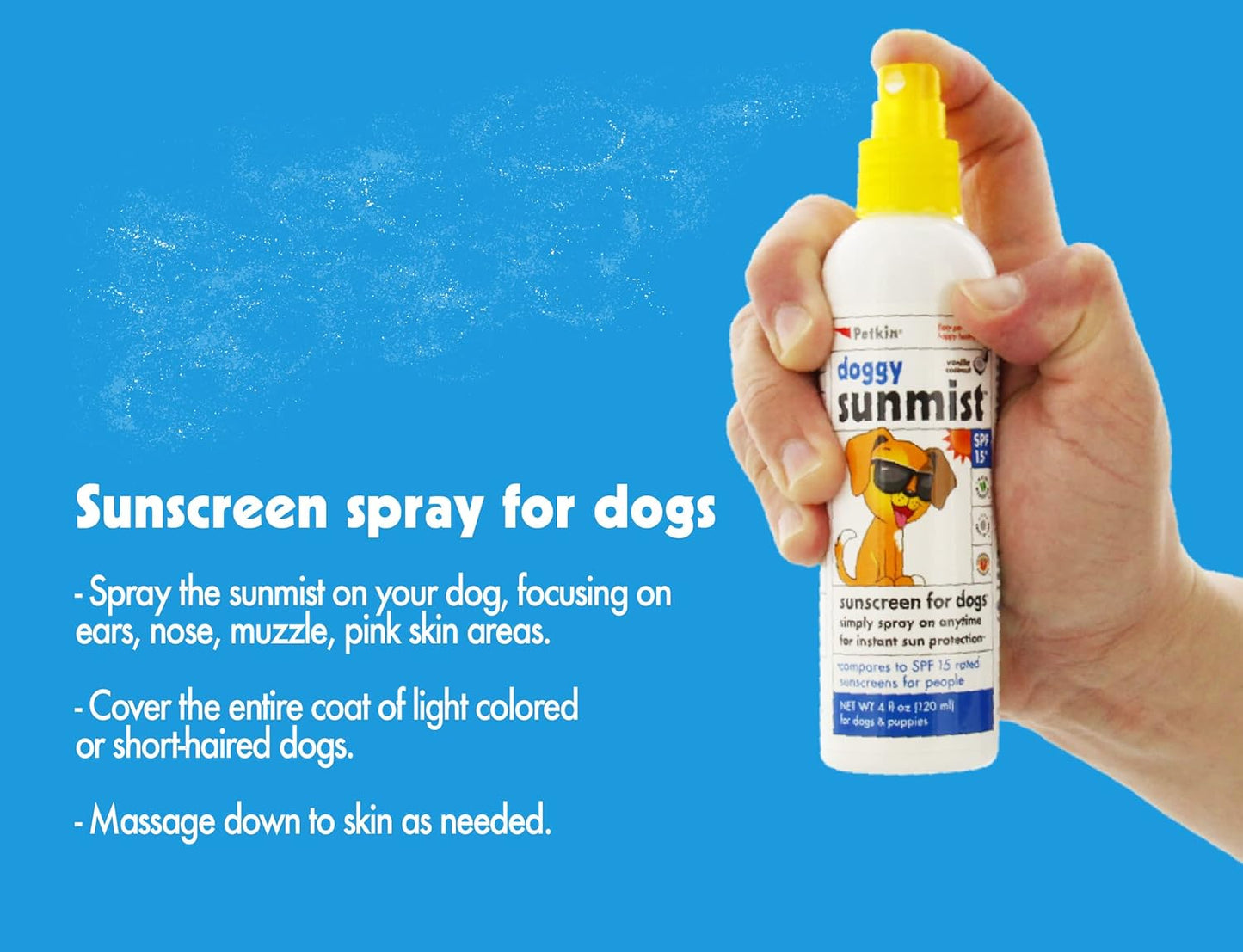 Petkin Dog Sunscreen Sunmist– Sunscreen for Dogs and Puppies, SPF 15 – Simply Spray on Anytime for Instant Sun Protection – Vanilla Coconut Scent, 4 oz Bottle – Ideal for Home or Travel