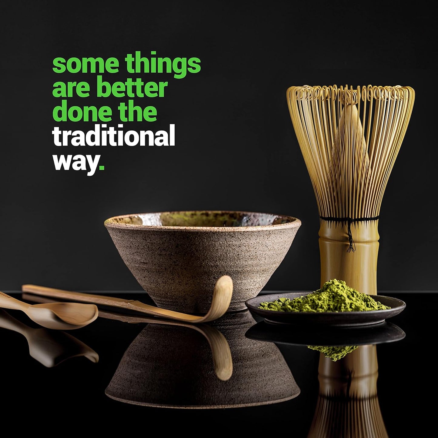 BambooWorx Matcha Whisk Set - (Chasen), Traditional Scoop (Chashaku), Tea Spoon. The Perfect Sets to Prepare a Traditional Cup of Japanese Tea, Handmade from 100% Natural Bamboo