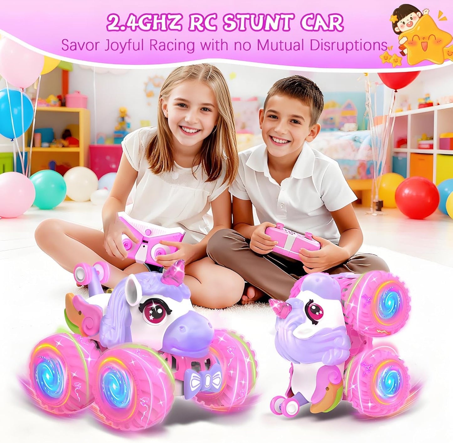 Remote Control Car for Girls, Unicorn Toys for Girls Age 3+, 360° Rotating 4WD 2.4 GHz RC Stunt Cars with Light and Music, Unicorn Gifts Presents Christmas Stocking Stuffers for 3 4-6 6-8