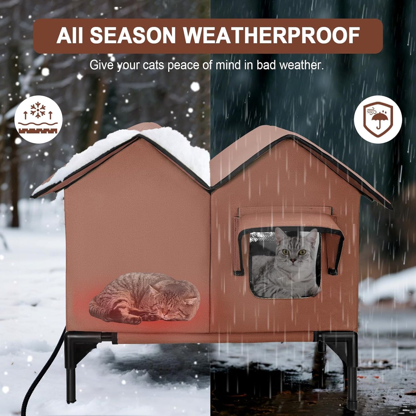 Heated Cat House for Outside Winter, Large Heated Outdoor Cat House Weatherproof, Elevated Bed, Escape Door, Insulated Outdoor Cat Shelter with Heater for Multiple Cats Feral Stray Kitty, Easy Setup