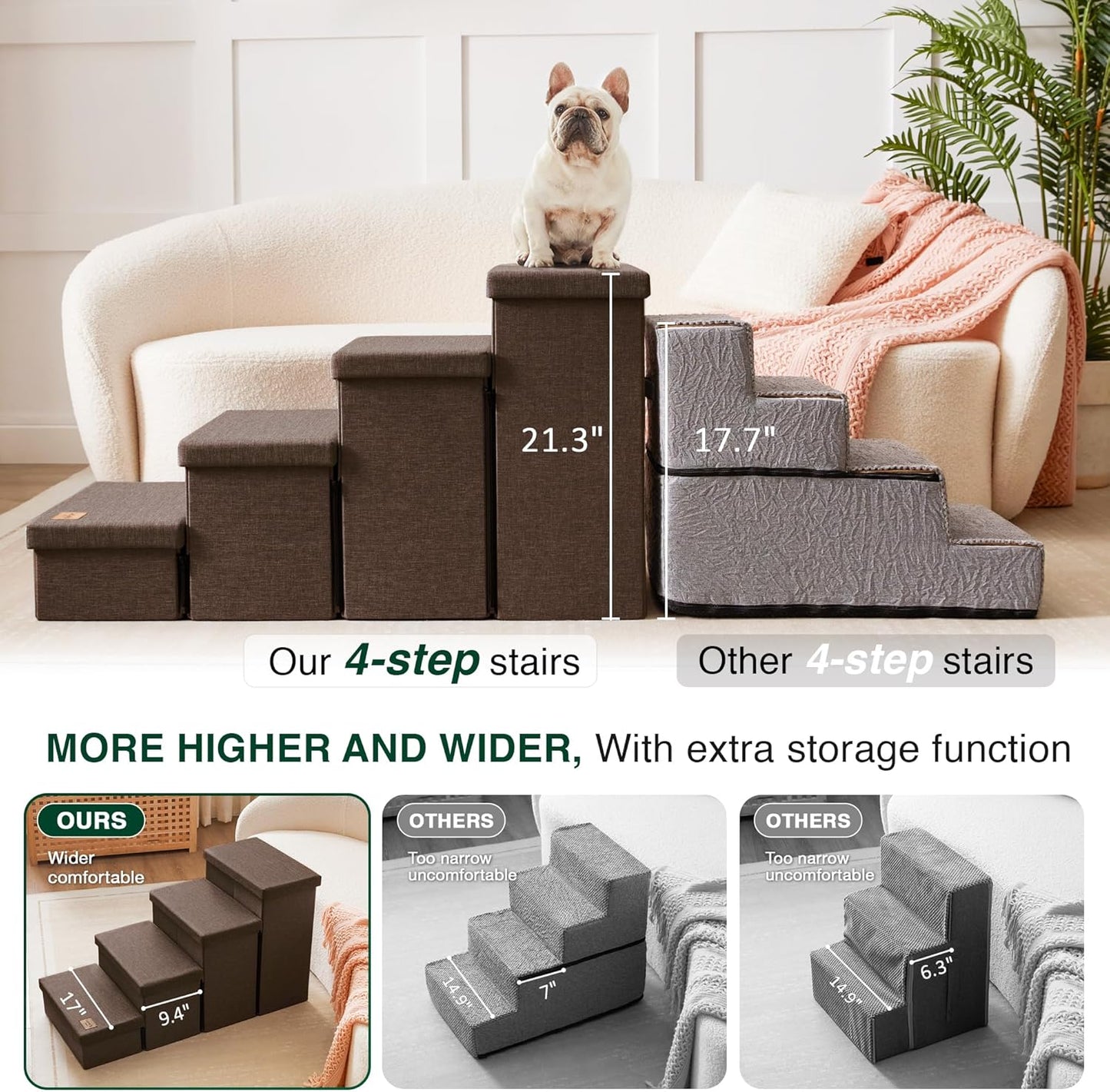 Love's cabin Dog Stairs for Small Medium or Large Dogs with Storage and Adjustable Steps, Foldable Dog Steps for Bed or Couch, 4-Step Coffee Folding Cat Pet Ramp with Zip up to 200 lbs, Coffee