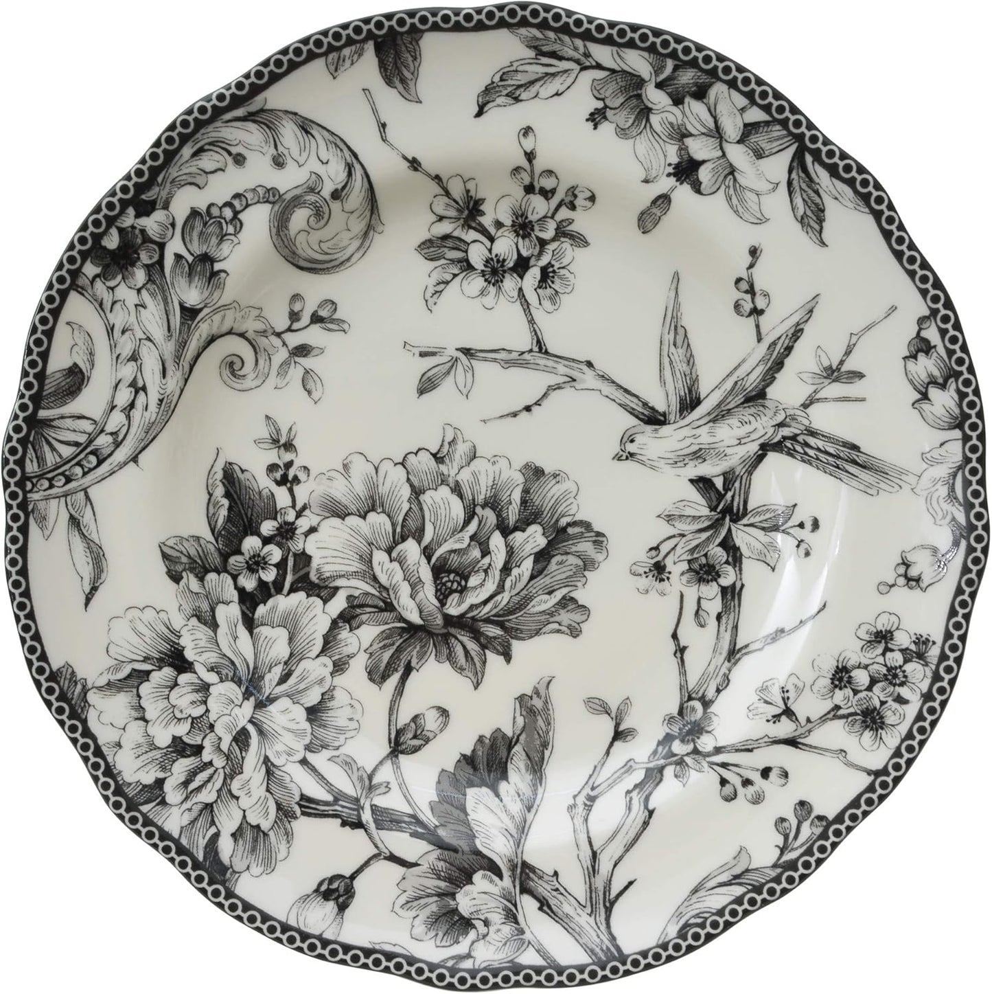 222 Fifth Adelaide 16-Piece Black Porcelain Dinnerware Set – Service for 4, Featuring Hand-Applied Romantic Woodland Bird Design, Everyday Big Dinner Plates and Bowls Sets, Microwave & Dishwasher Safe