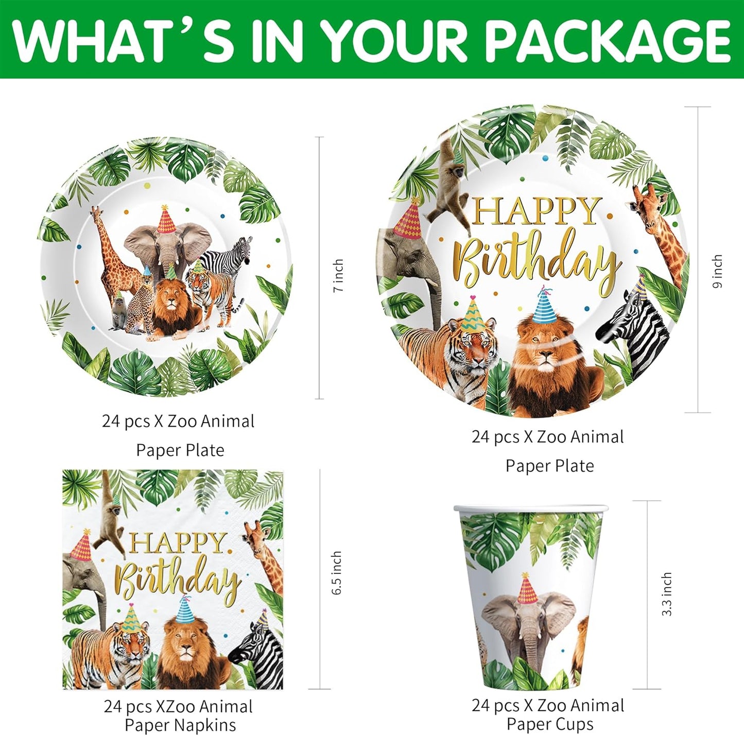 Jungle Safari Party Decorations for Birthday Baby Shower, Zoo Wild Animal Birthday Party Supplies, Paper Plates and Napkins Set, Cups, Straws, Cutlery, Tablecloth, 24 Guests