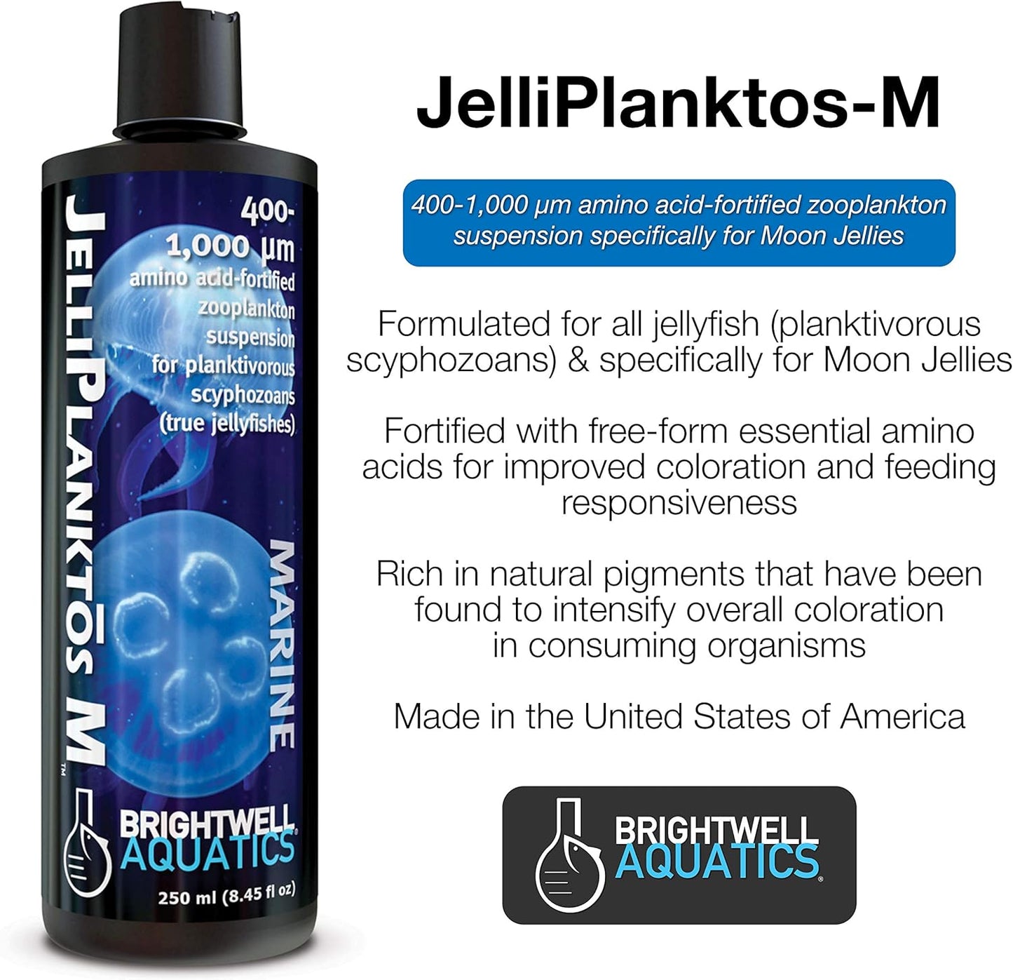 Brightwell Aquatics Jelliplanktos M - Zooplankton Feeding Suspension for Jellyfish, Amino Acid Fortified, 400-1000 Micrometer Size, 250 ml