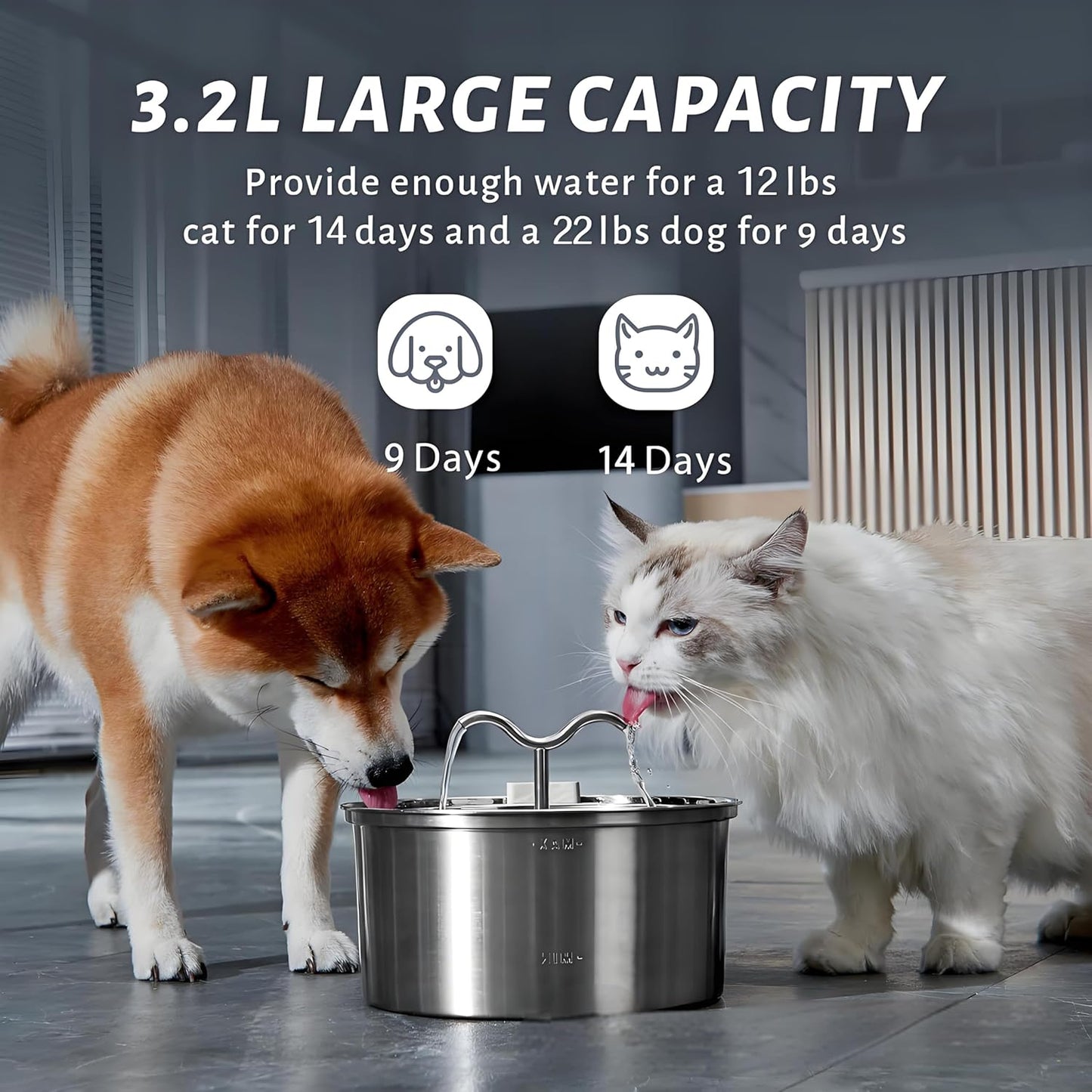 Cat Water Fountain Stainless Steel,3.2L Capacity Dog Drinking Fountain,Automatic Cat Fountain with Water Level Window, Quiet Pump, for Multiple Pets