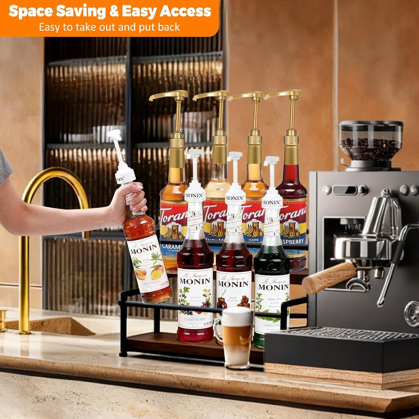 Coffee Syrup Rack Organizer - 2-Tier 10 Syrup Bottles Holder for Coffee Bar, Liquor Bottle Display Shelf - Rustic Kitchen Cabinet for Spices, Jars - Stepped Pantry Shelf for Wine, Tea & Bottles