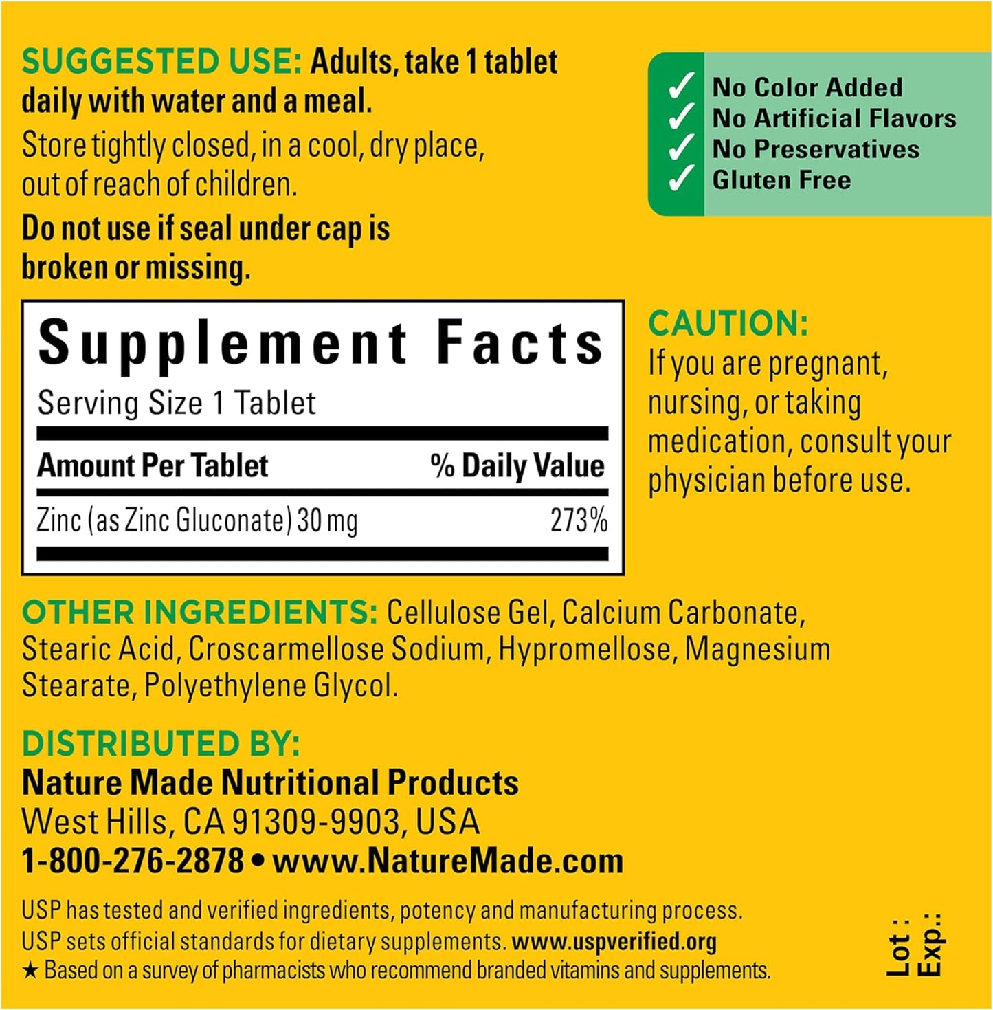 Nature Made Zinc 30 mg, Zinc Supplements for Men & Women, Dietary Supplement for Immune Health and Antioxidant Support, 100 Tablets, 100 Day Supply