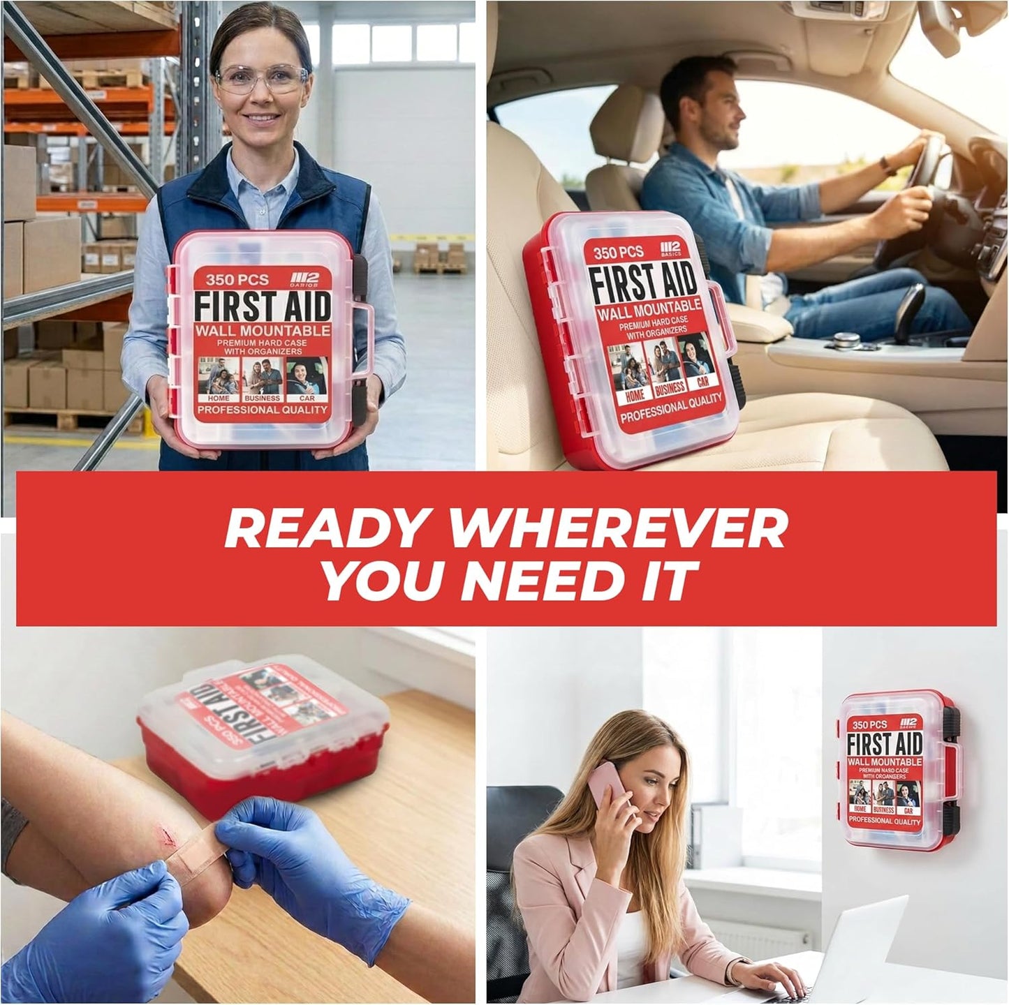 M2 BASICS Professional 350 Piece First Aid Kit, Wall Mountable Dual Layer Hard Case for Business, Home, Car, Vehicle & Work