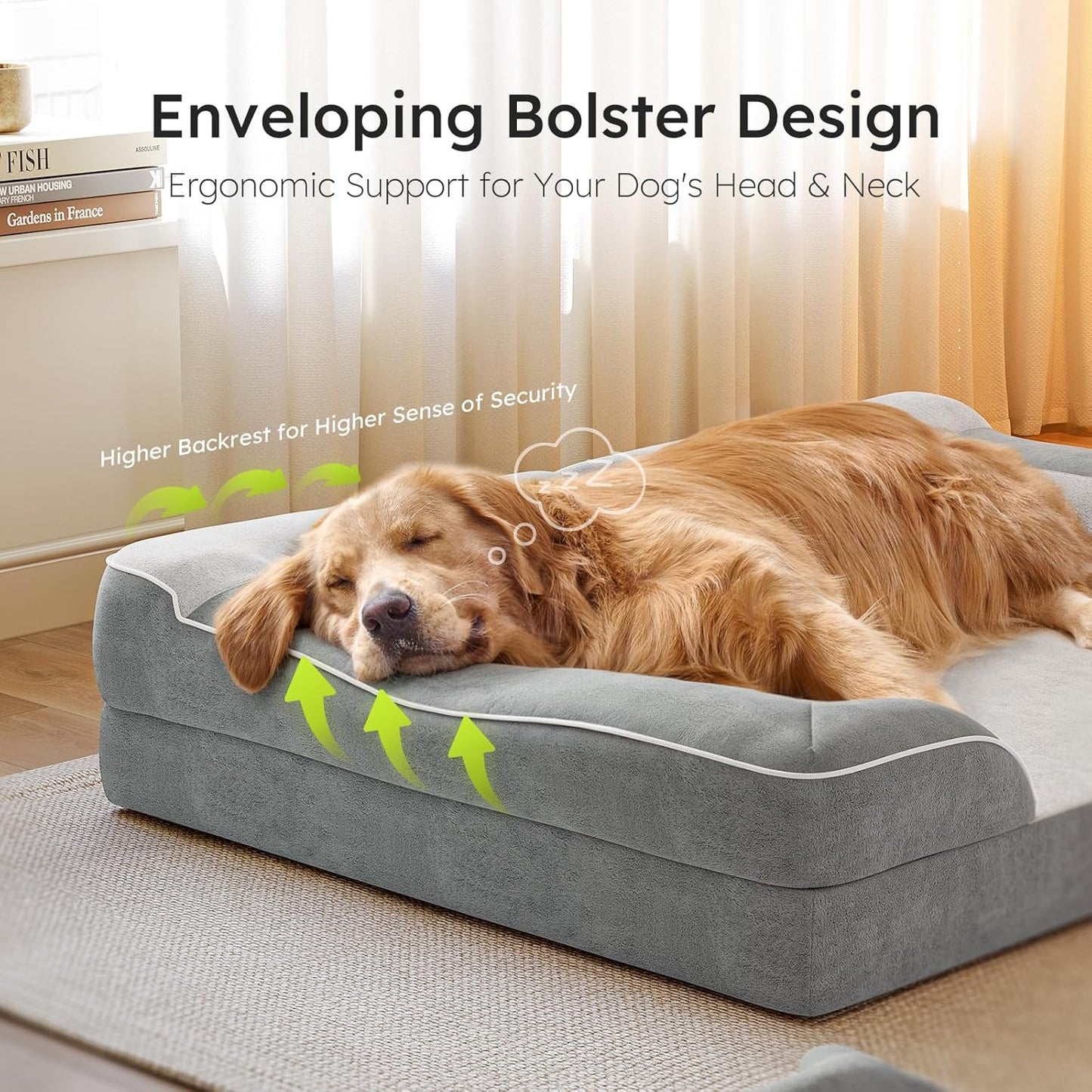 Dog Beds for Large Dogs, Orthopedic Pet Bed with Cooling Gel Memory Foam, Waterproof Large Dog Beds with Removable Washable Cover, 36" Pet Sofa Dutch Velvet with Blanket Bone Toy, Light Gray