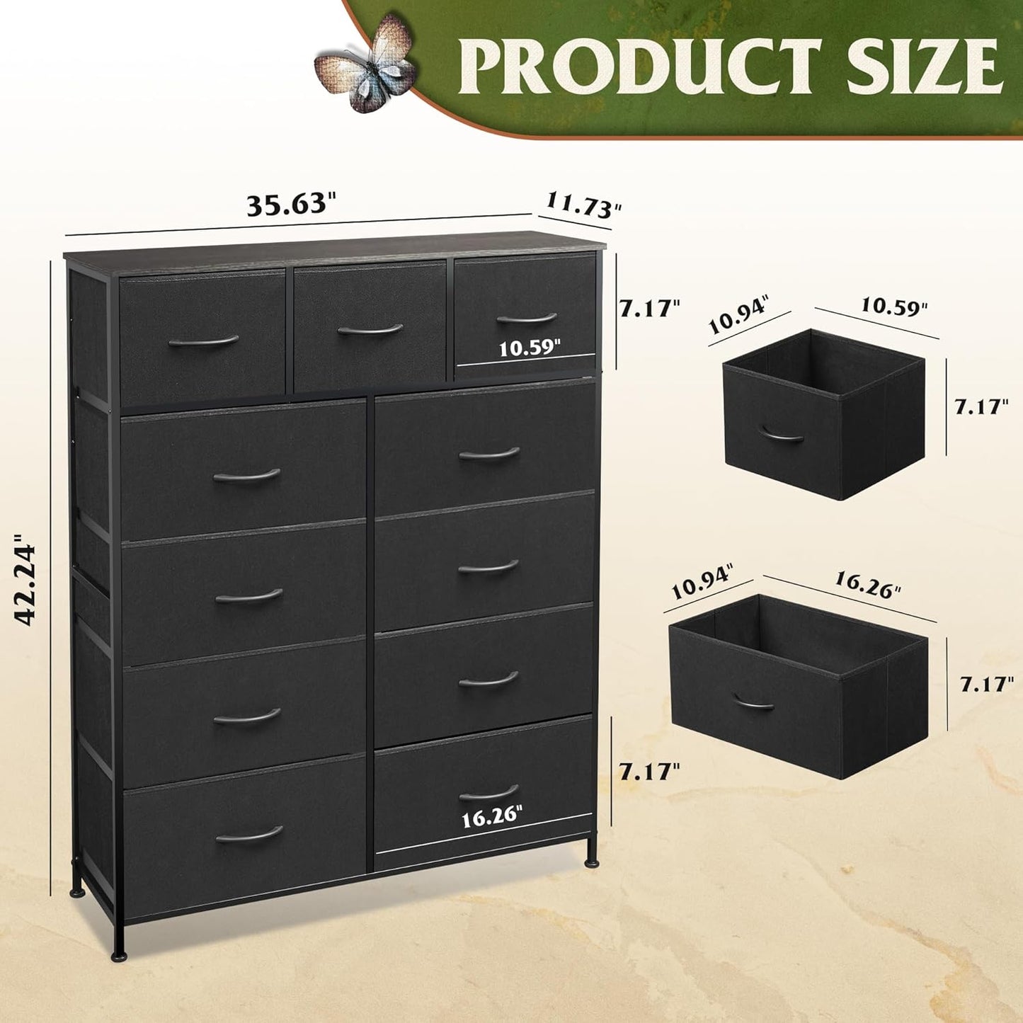 WLIVE Tall Dresser for Bedroom, Fabric Dressers Storage Tower, Dresser & Chest of Drawers Organizer Unit with 11 Drawers, Storage Cabinet, Hallway, Closets, Steel Frame, Wood Top, Charcoal Black