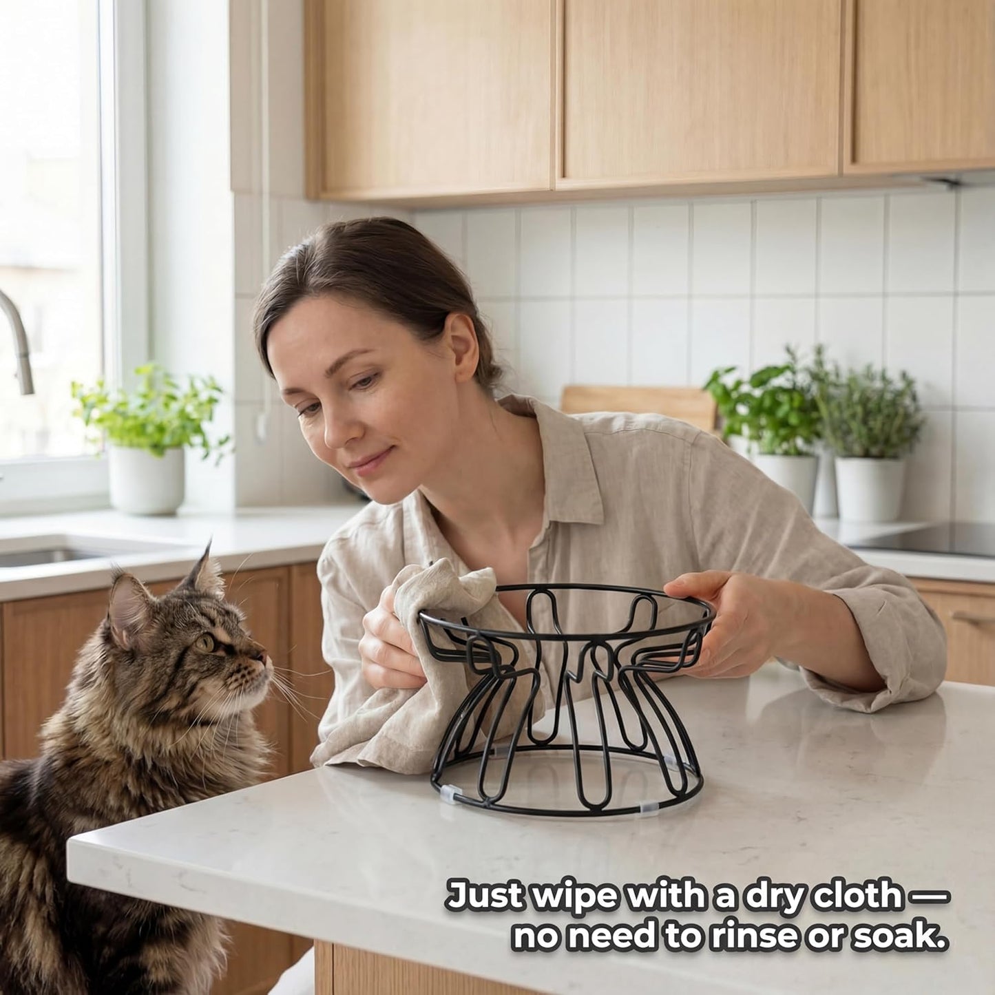 Elevated Cat Bowl Stand - Black Iron Metal Holder with Anti-Slip Grips - Raised Feeding Station for Shallow Cat Food Dishes - 6.7" W x 3.9" H (Bowl Not Included)