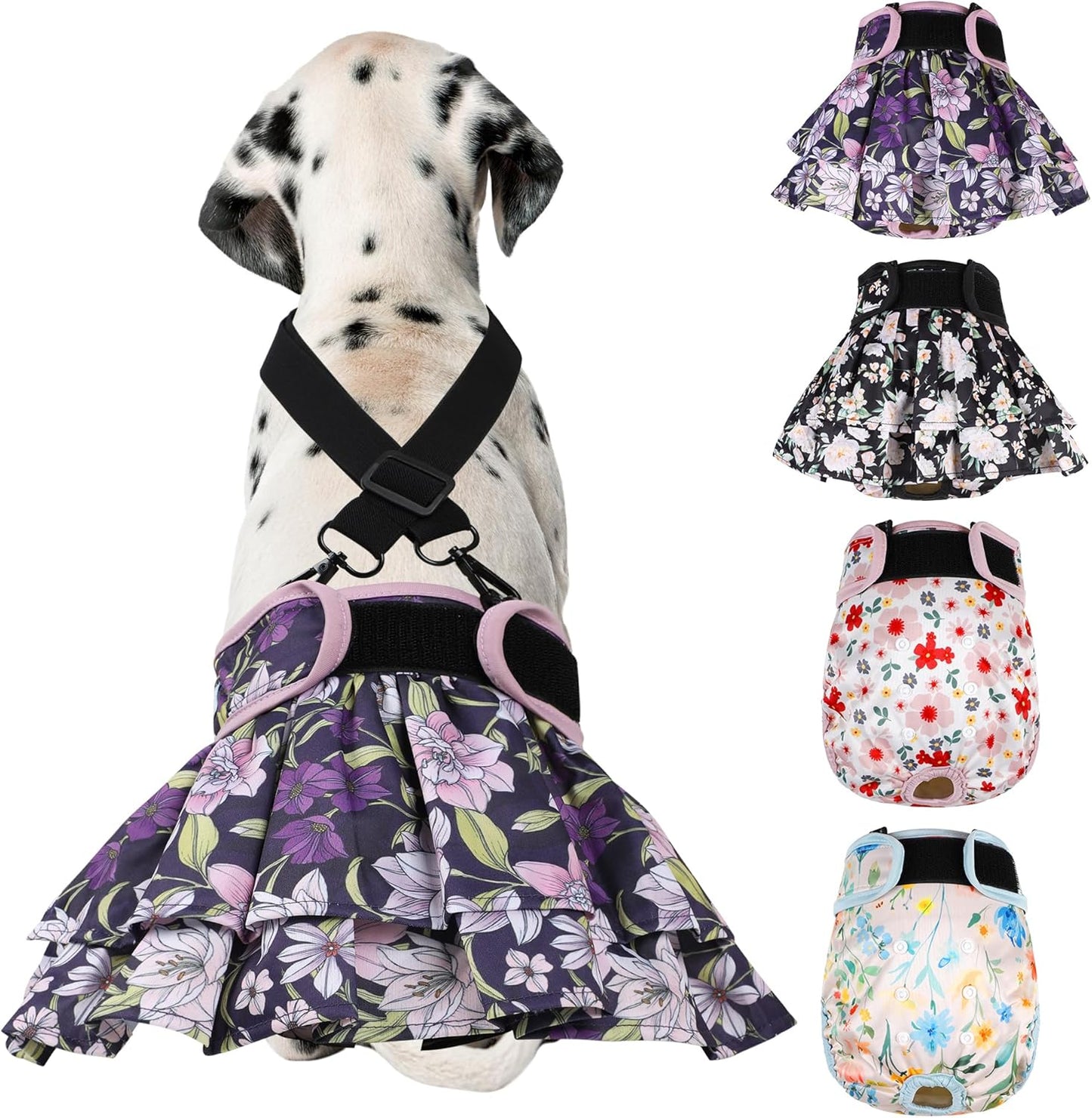 Washable Female Dog Diapers (4 Pack+1 Suspenders), Reusable Female Girl Doggy Doggie Puppy Wraps Panties Belly Band for Pet Heat Period Pooping Peeing Potty Training Incontinence Marking Flower XLarge