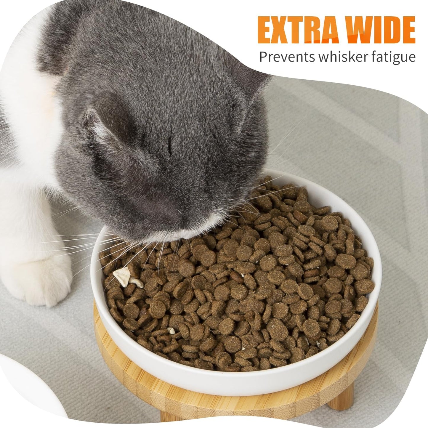 Shallow Elevated Cat Bowls,5.9 Inch Wide Raised Ceramic Cat Dishes with Bamboo Stand, Whisker Friendly Pet Water or Food Plates Feeding Station for Indoor Cats, Kitten (Blue,Set of 2)