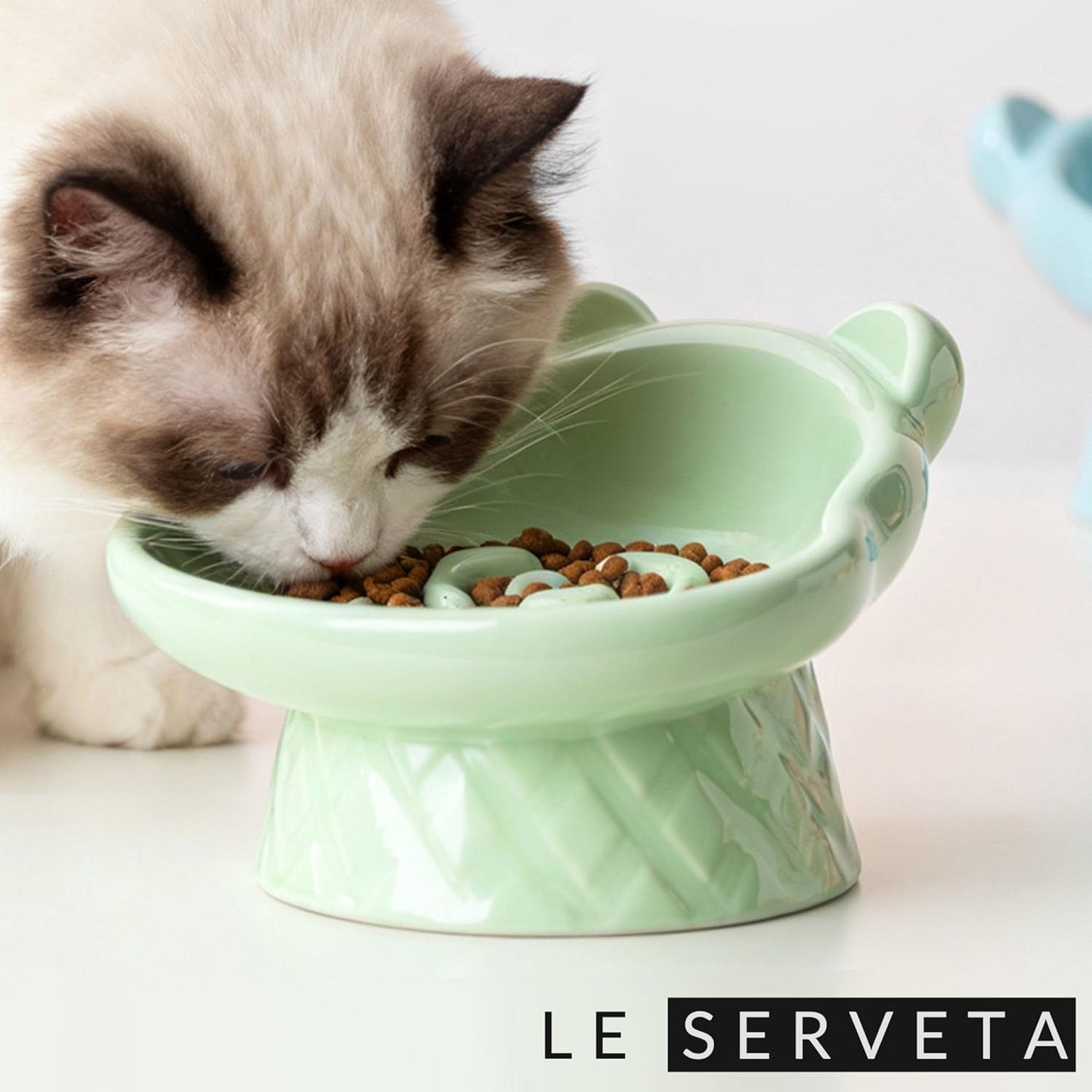 Winnie The Pooh Series Ceramic Slow Feeder Cat Bowl, Raised Anti-Gulping Design with Bear Ears, Pastel Colors, Quilted Pattern Base (Creamy Yellow)