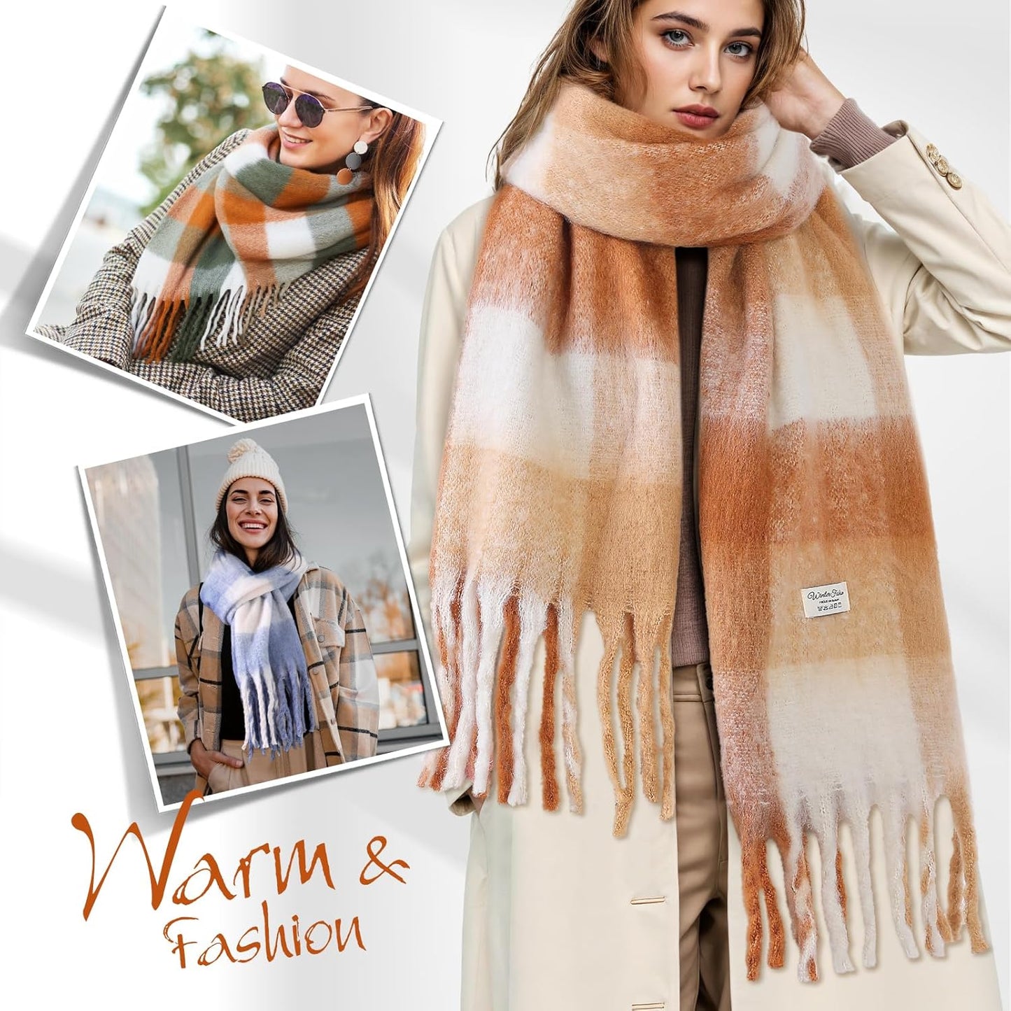 Clothirily Womens Mohair Winter Scarf, Warm Scarfs for Women, Cashmere Feel Women Plaid Scarves, Winter Pashmina Shawls Wraps
