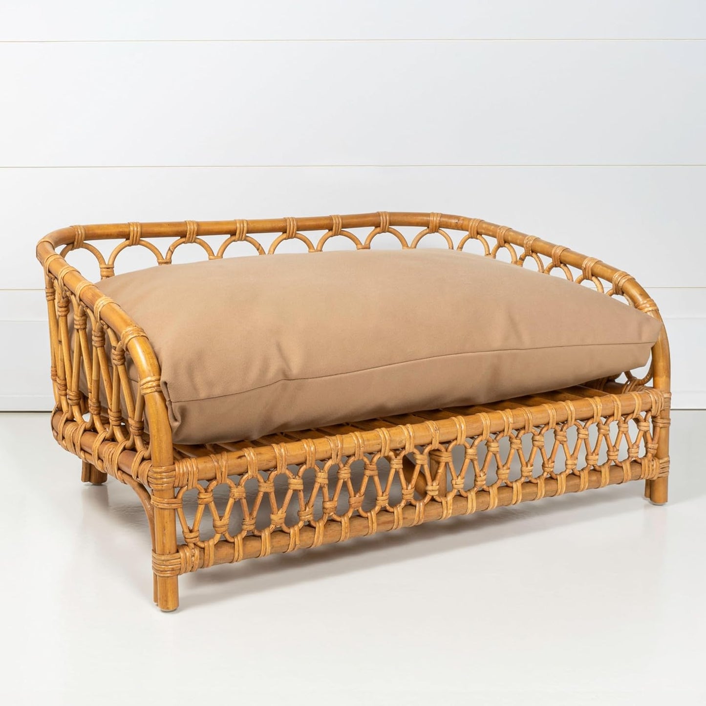 DBD1005A Elevated 27.5" x 17" Bohemian Handwoven Rattan Dog Daybed with Machine-Washable Cushion, Natural