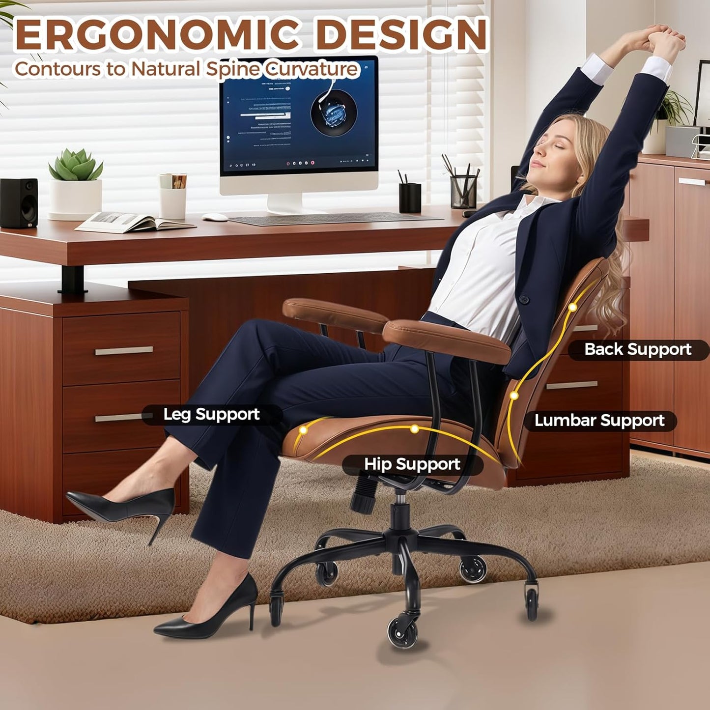 BEWISHOME Brown Leather Office Chair– Features Rubber Wheels and Lumbar Support Ergonomic Mid Century Modern Desk Chair with Adjustable Height, 360° Swivel for Home & Office