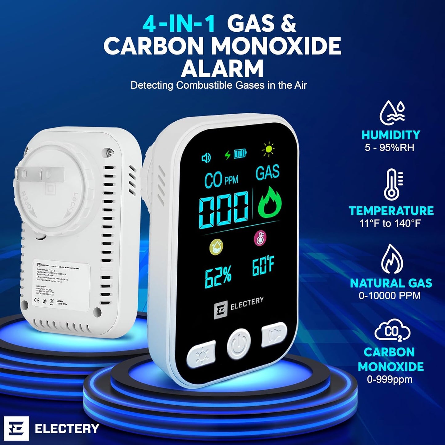 4-in-1 CO Detector & Natural Gas Leak Detector Alarm, Plug-in Carbon Monoxide Detectors with Battery Backup, Digital Display, Temp & Humidity, Portable for Home, Kitchen, RV (2 Pack)