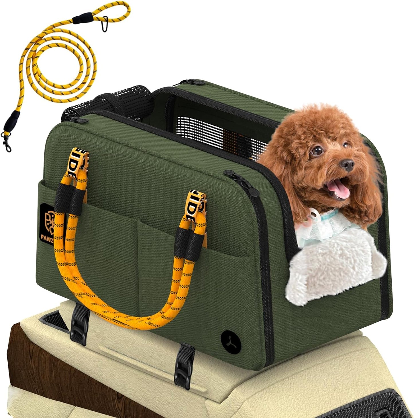 PAWZIDEA Center Console Dog Car Seat, Enclosed Small Dog Armrest Booster Carseat, Secure Straps &Anti Slip, Portable TSA Approved Puppy Pet Carrier Soft-Sided, Removable Pillow Storage Pocket, up 12lb