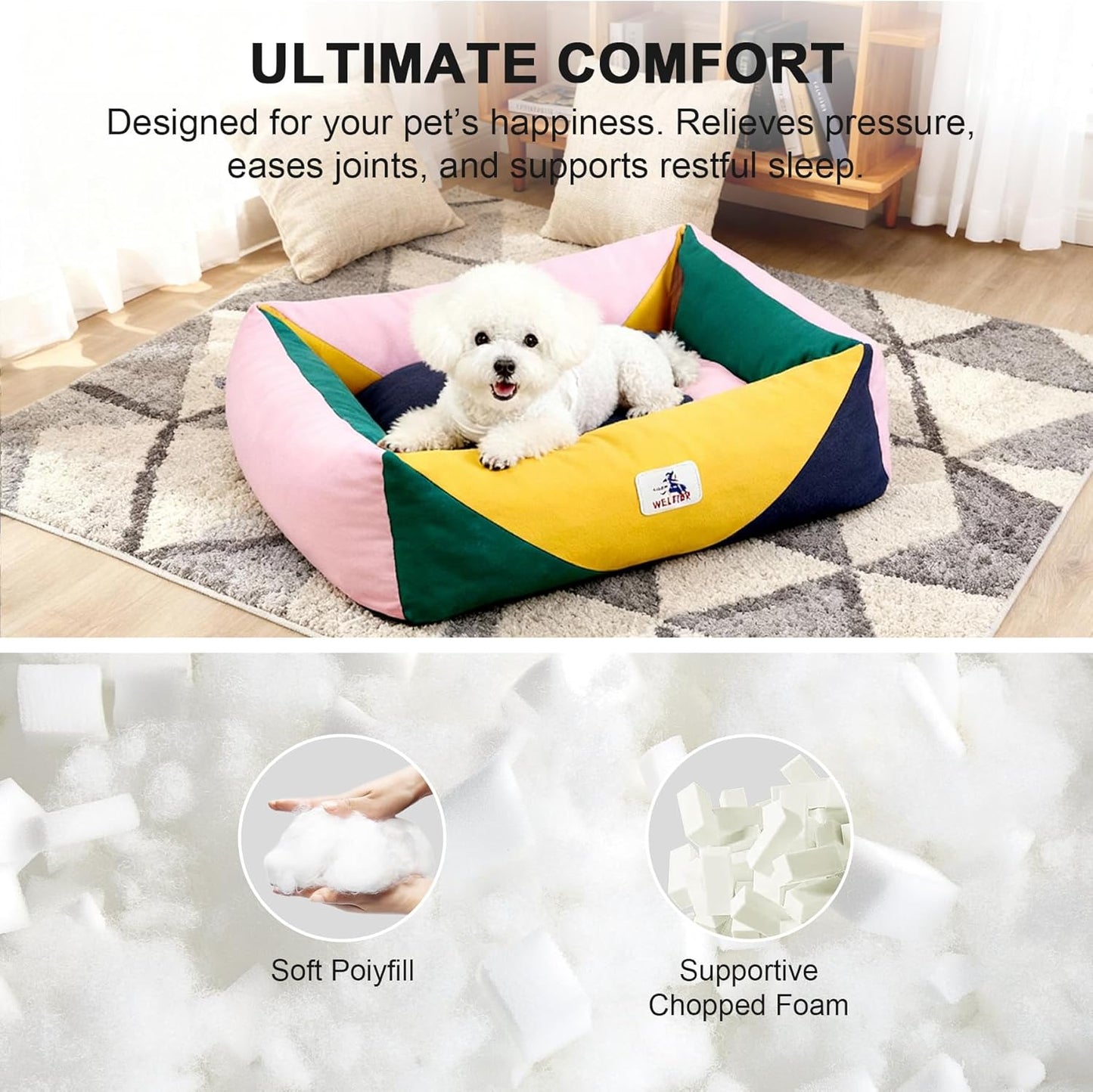 290 GSM Cotton Canvas Dog Couch Bed, Washable Removable Cover, Tough Bolster with Supportive Chopped Foam, Anti-Slip Bottom (Small)