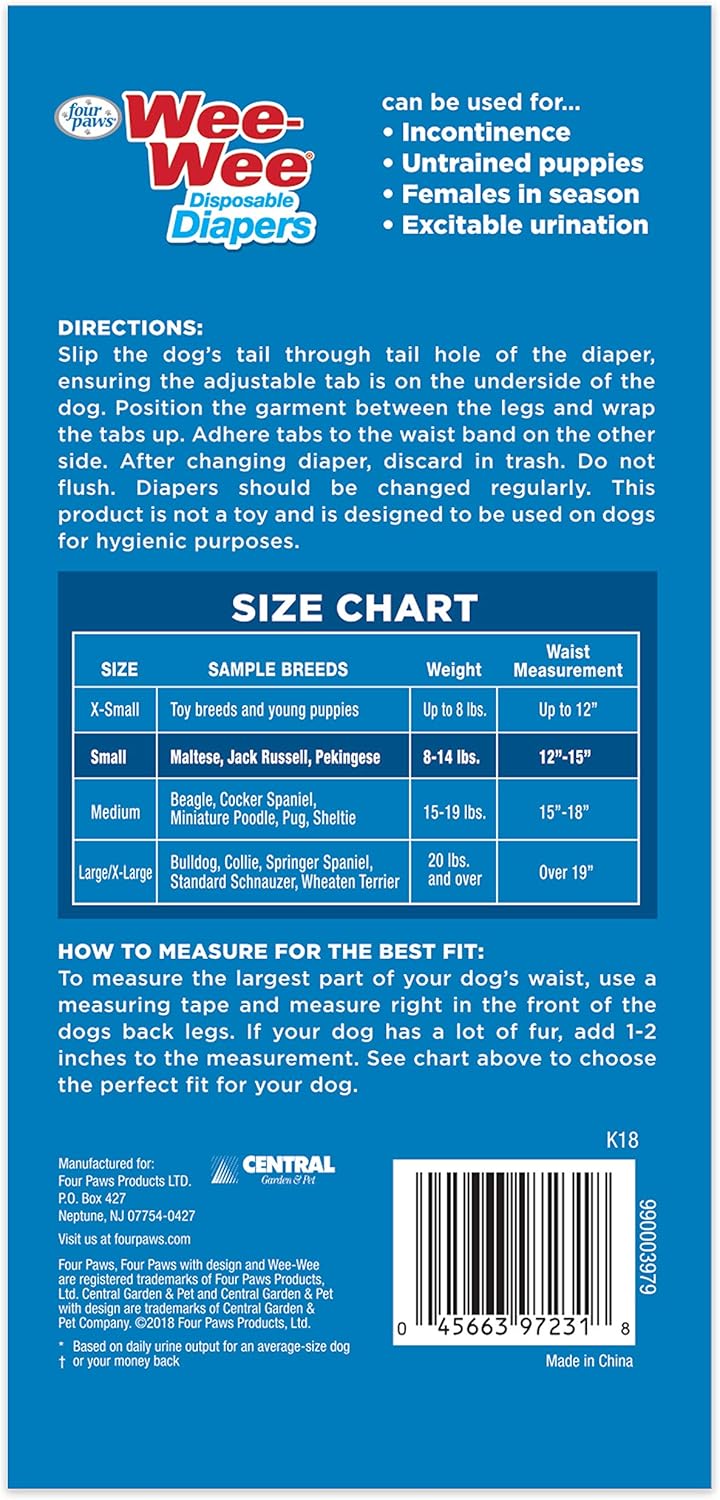 Four Paws Wee-Wee Super Absorbent Disposable Adjustable Dog Potty Training Diapers, Leak-Proof Protection for Dogs, Size Small, 12" - 15" Waist, 12 Count