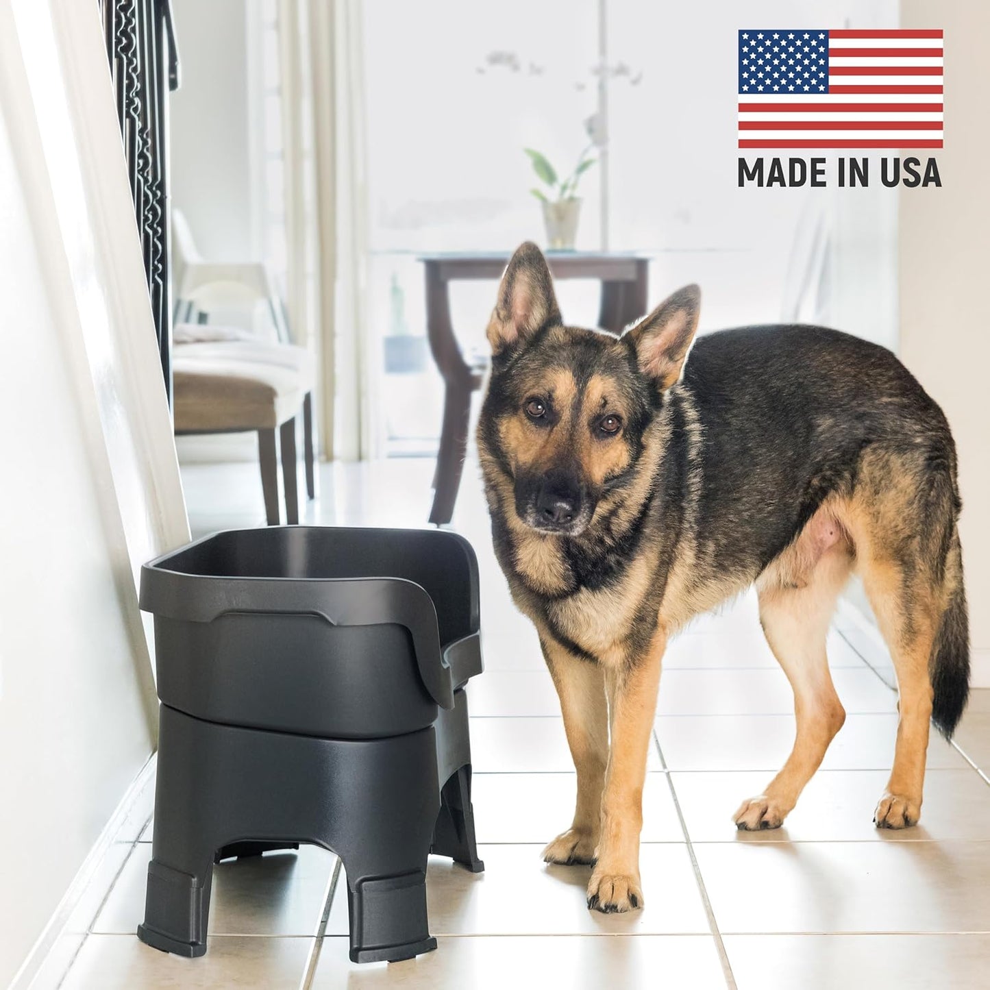 Neater Feeder Deluxe Mess-Proof Elevated Dog Bowls for Large Dogs (40+ lbs), 2 Height Adjustable (14.5” & 17.5”) No-Spill Raised Dog Bowl Stand, Stainless Steel Food Bowl Set, Made in USA, Black