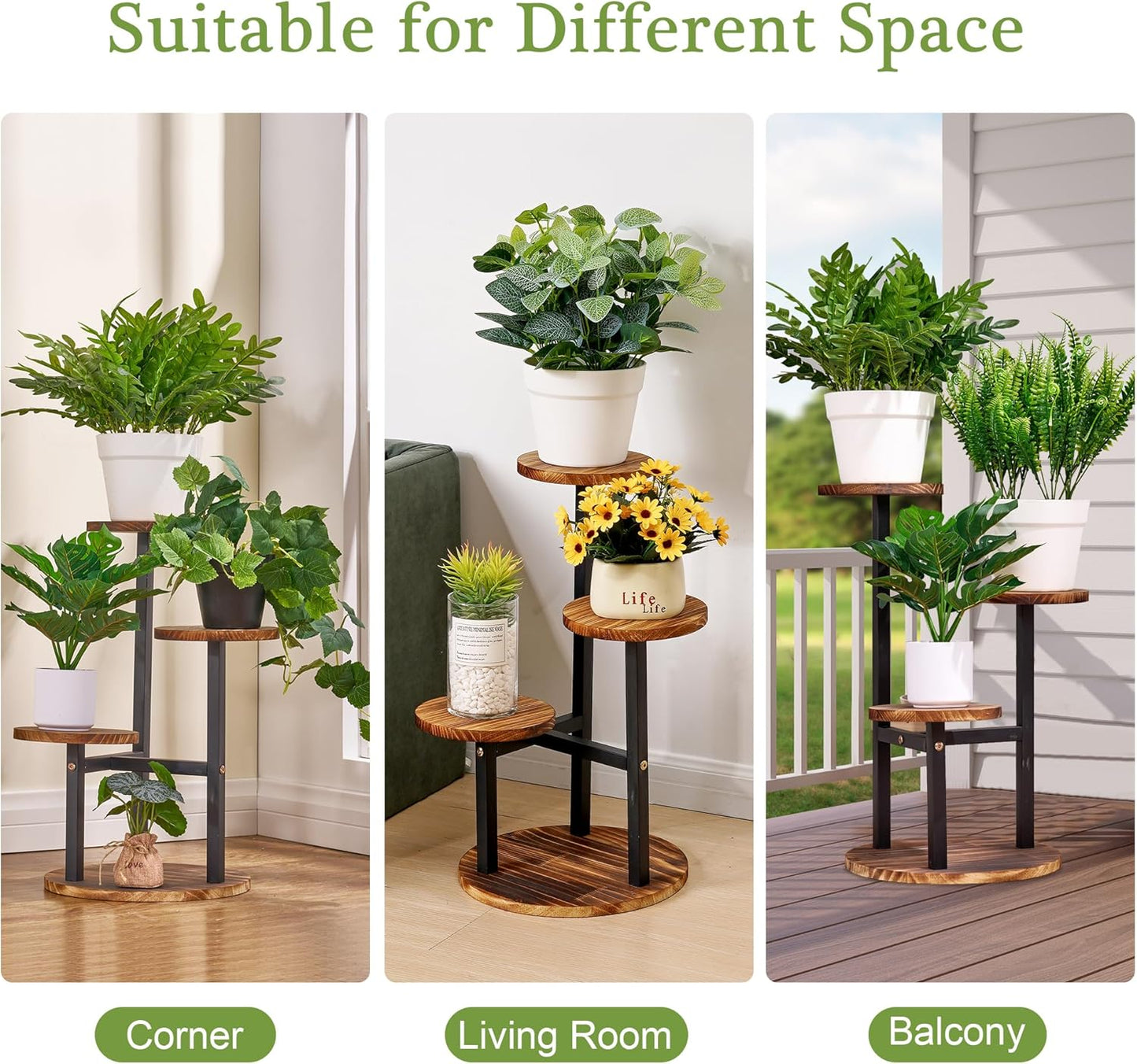 VECELO 3 Tier Plant Stand Indoor Outdoor, Tall Metal Wood Flower Shelf for Multiple Plants, Small Tiered Round Corner Display Rack, Planter Pot Holder for Patio Garden Balcony Living Room Bedroom