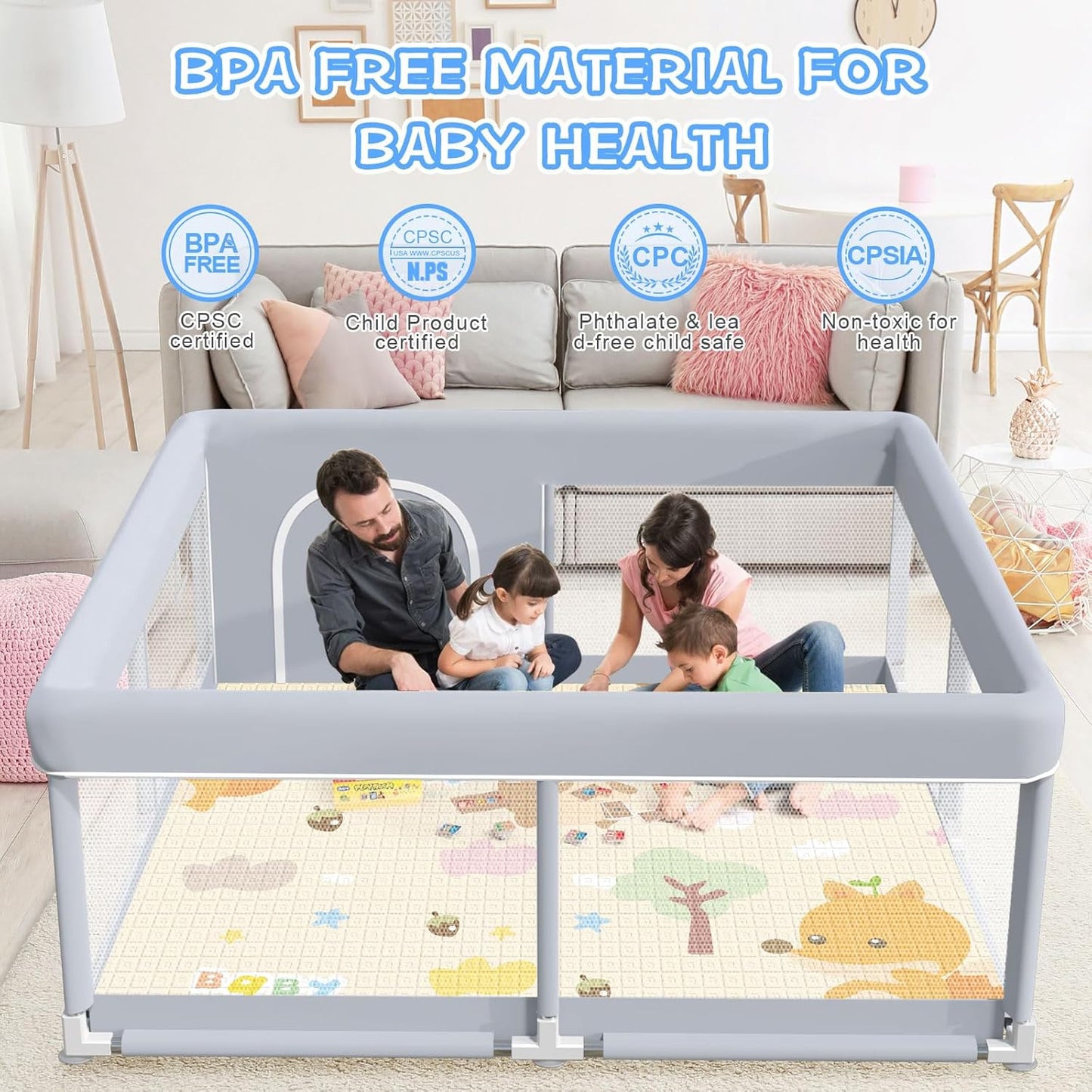 Baby Playpen with Mat, 50x50 Inch Play Pen, Playpen for Babies and Toddlers, Baby Playard for Indoor & Outdoor Active Center Game Fence, with Skin-Friendly Fabric and Soft Breathable Mesh
