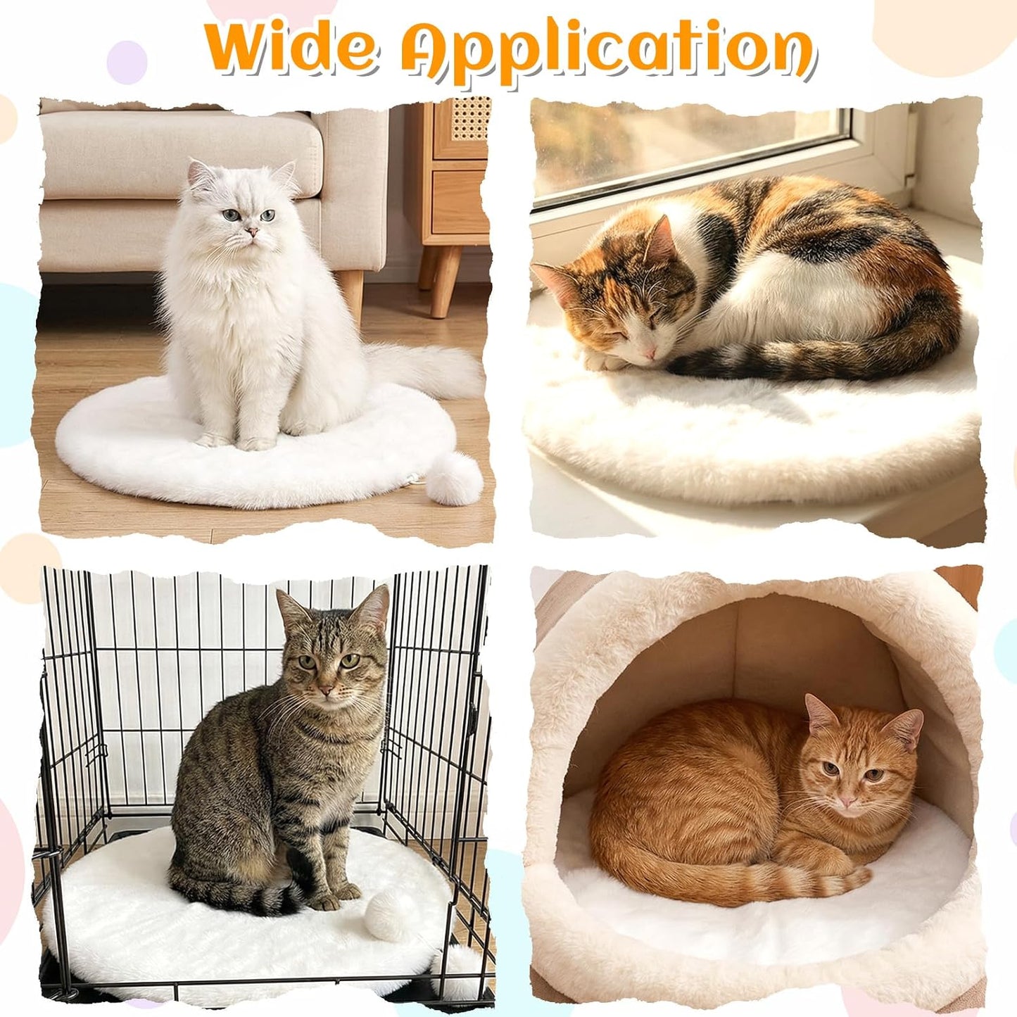 3-Pack 14" Round Cat Bed Cushion Pad Mat, Cream Faux Rabbit Fur & High-Density Foam Pet Sleeping Mat, Plush Dog Bed Mats with Wool Balls, Washable Replacement Pad for Cat Tree, Carrier, Crate, Kennel