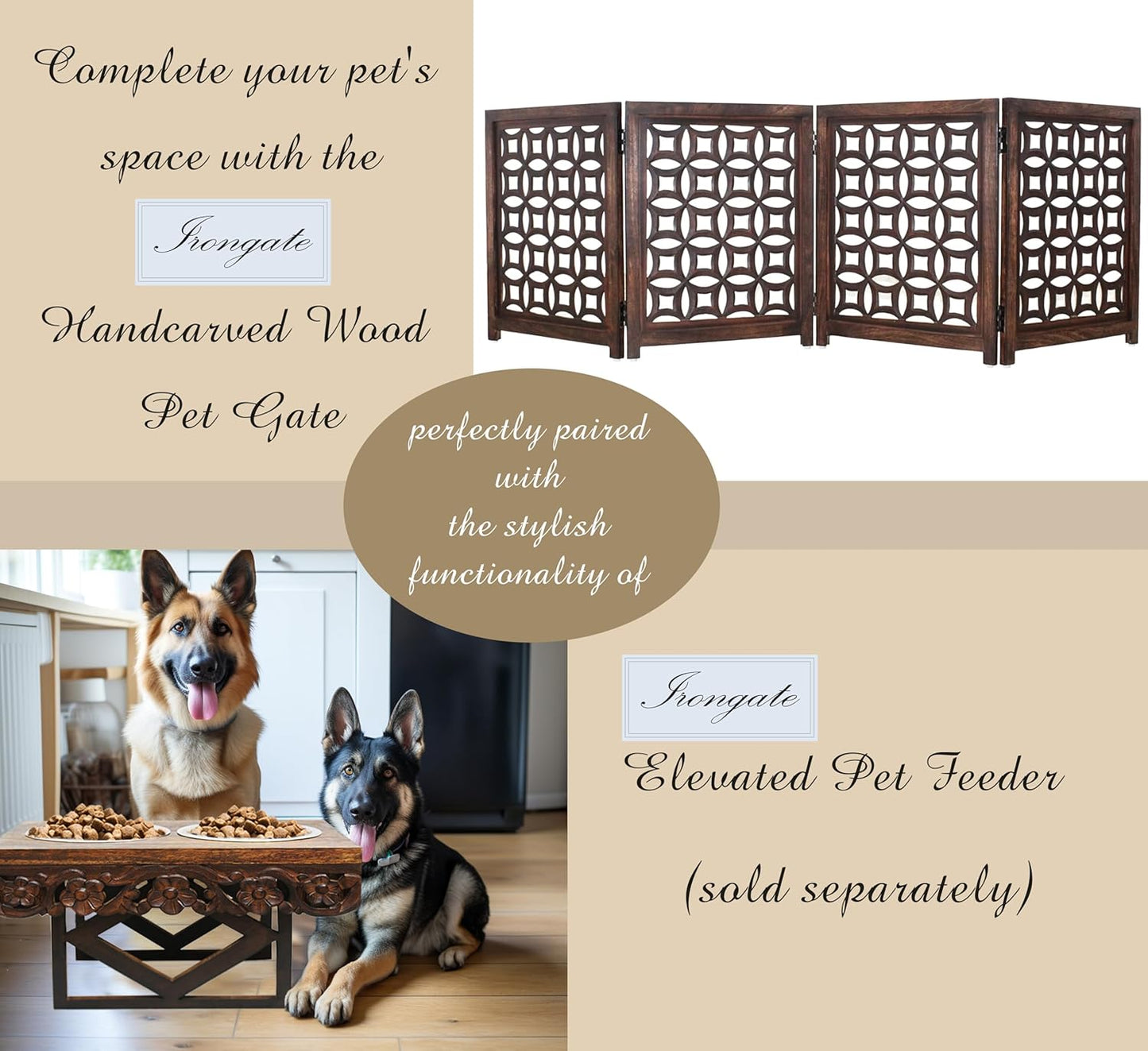Wooden Foldable Pet Dog Safety Gate -4 Panels 20"Wx24"H- Hand Carved Solid Wood And MDF - Free Standing Portable Indoor Doorway Hall Stairs Dog Puppy Fence - Fully Assembled - Antique Brown -IRONGATE