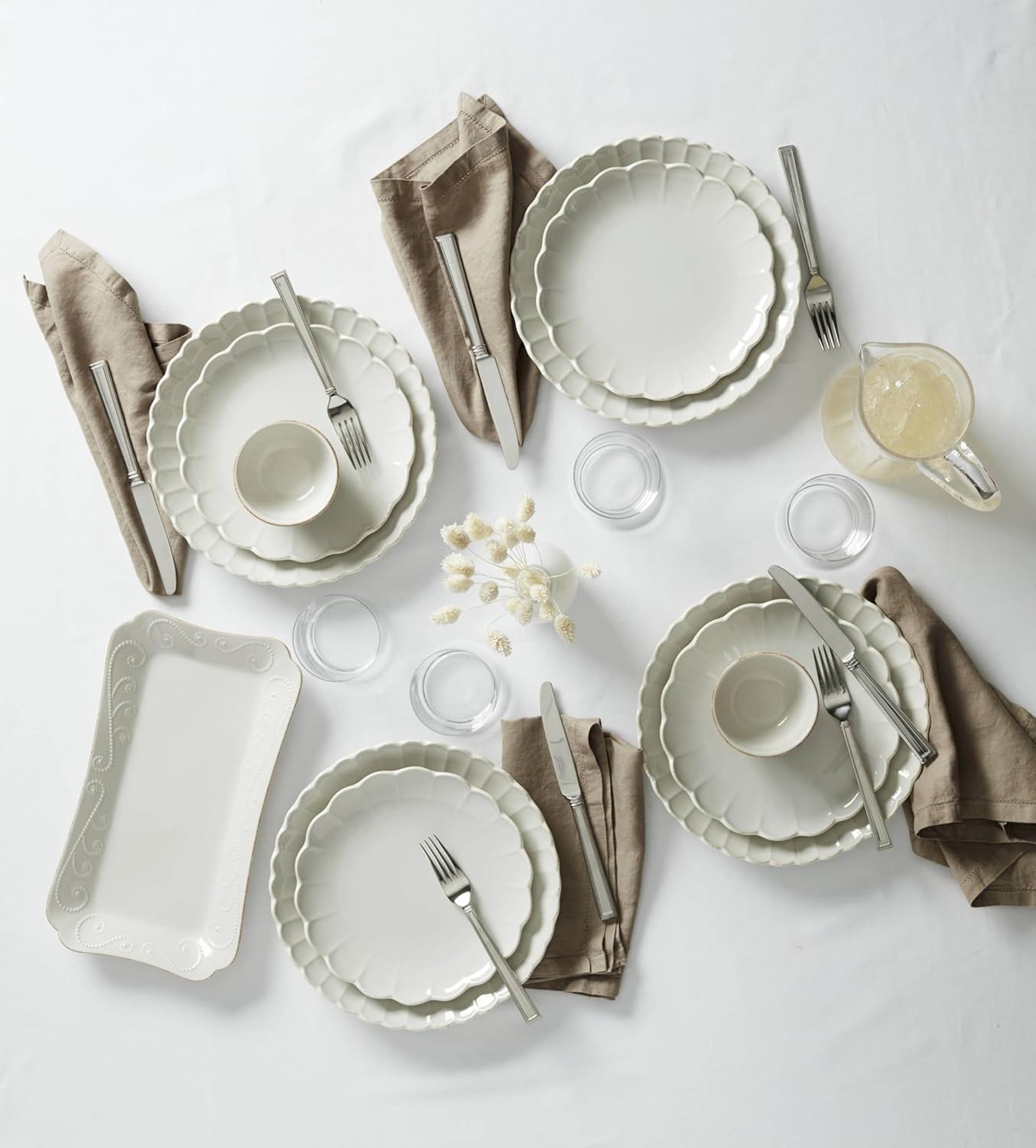 Lenox Stoneware Dinnerware Sets, French Perle Scallop 12-Piece Dinnerware Set for 4, Service For 4, Dishwasher Safe Dishware, White Dishes Set, Stoneware Dinner Plates and Bowls Sets (White, 12 Piece)