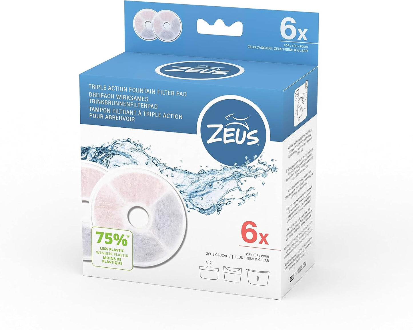 Zeus 91404 Action Triple Filter Dog Drinking Fountain, Frameless, Pack of 6, White