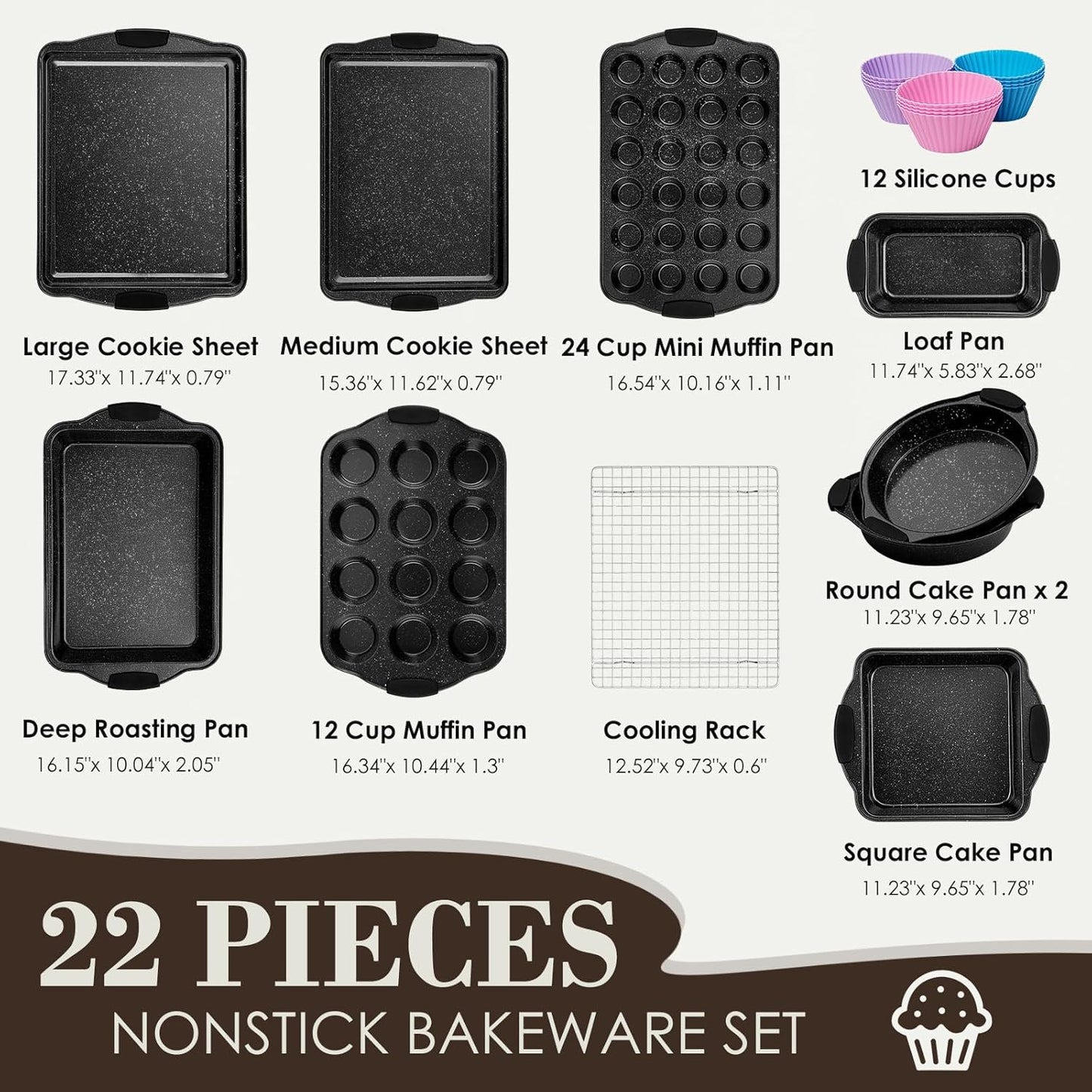 Baking Pans Set Nonstick, Bakeware Sets Stackable with Silicone Handles, AIVIKI 22 Pieces Oven Pan for Cooking Including Baking Cookie Sheet with Rack, Roast Pan, Cake Pan, Loaf Pan, Muffin Pan, Black