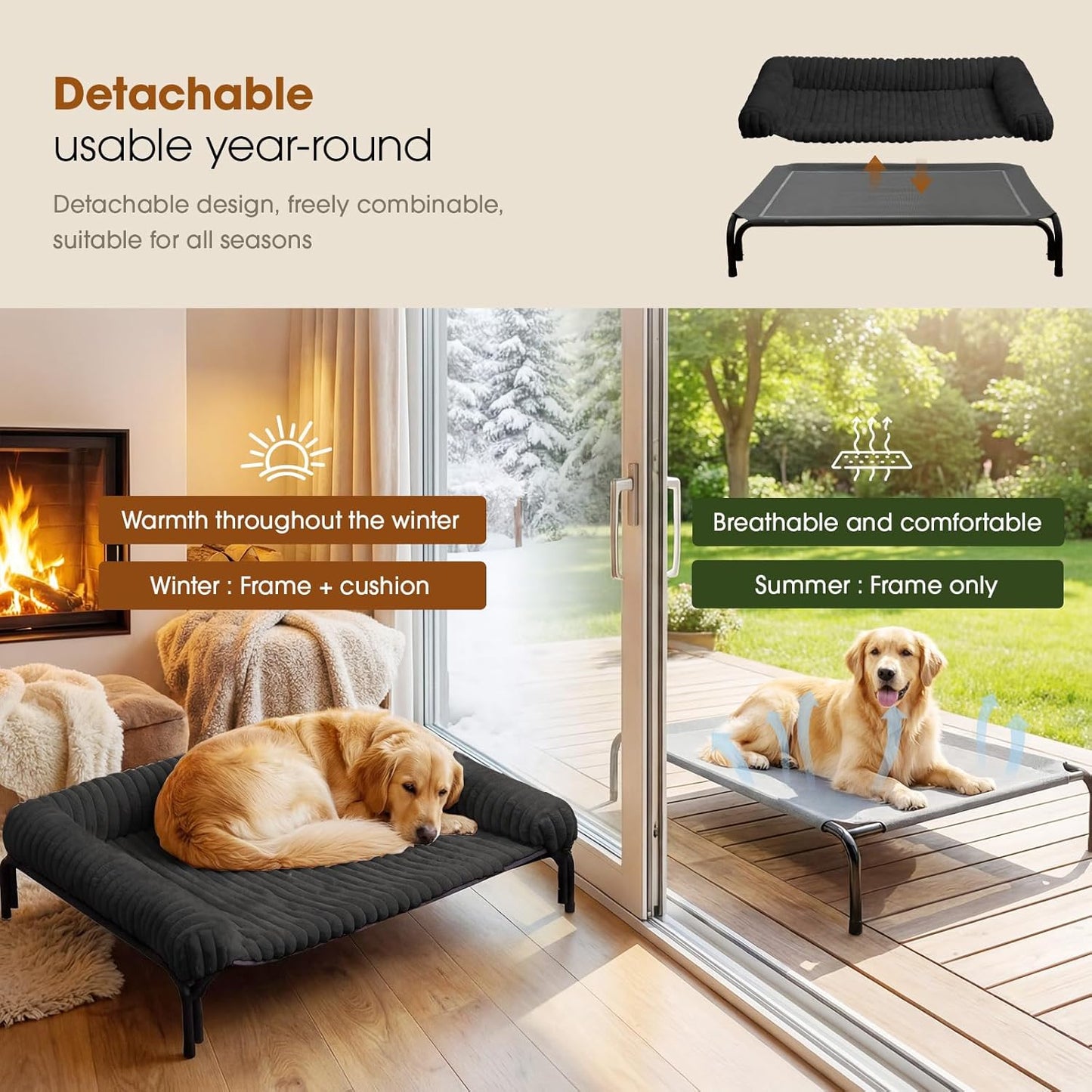 Elevated Dog Bed with Removable Bolster Cushion Mat, Raised Pet Cot for Large Sized Dogs with Breathable & Washable Mesh, Indoor & Outdoor Pet Hammock with Skid-Resistant Feet.