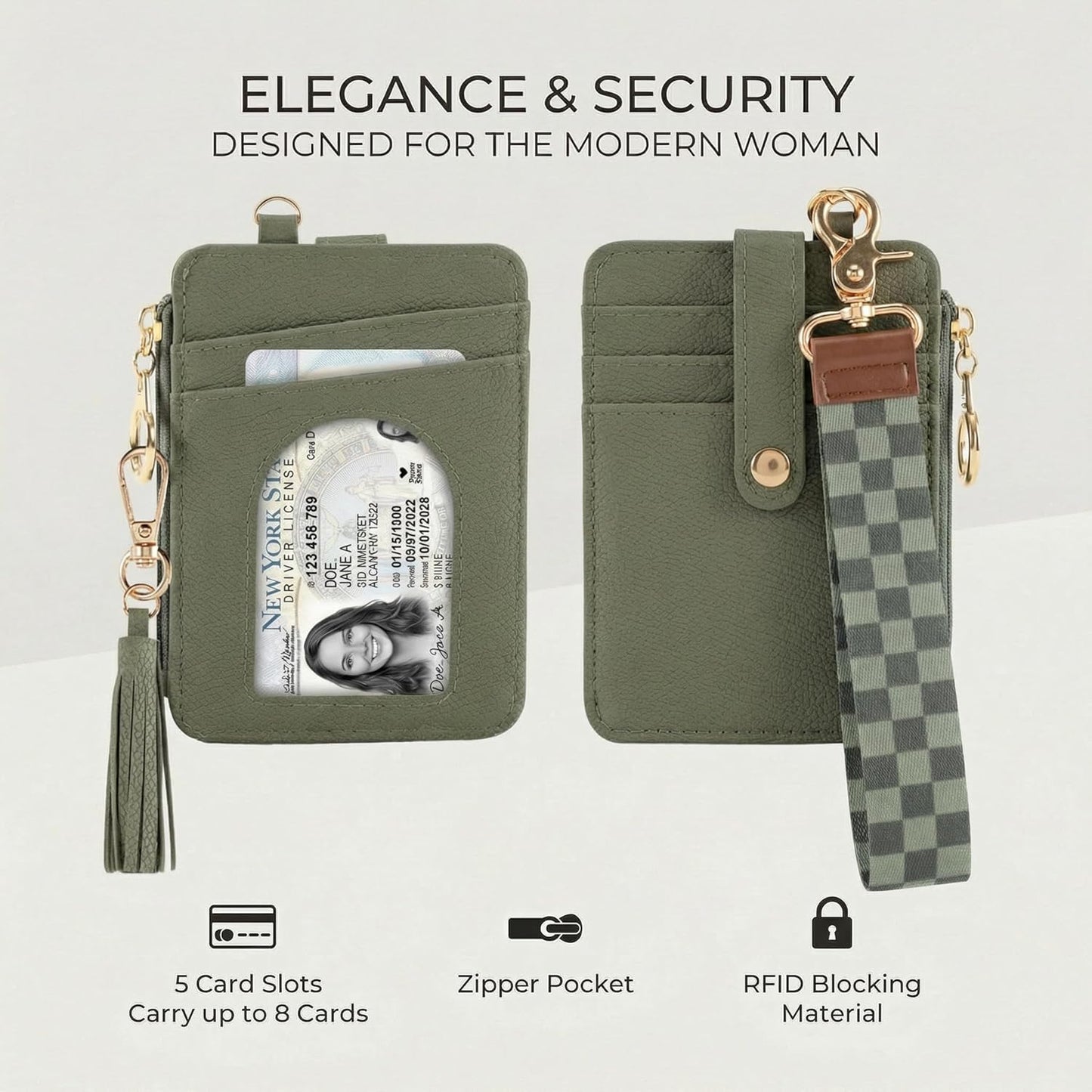 Stylish Wristlet Keychain Wallet for Women - Slim Design Credit Card Holder w/ Plenty of Storage incl. Clear ID Window & Zipper Pocket - Easy Carry RFID Blocking Wallet w/ Tassel, Lanyard & Gold Rings