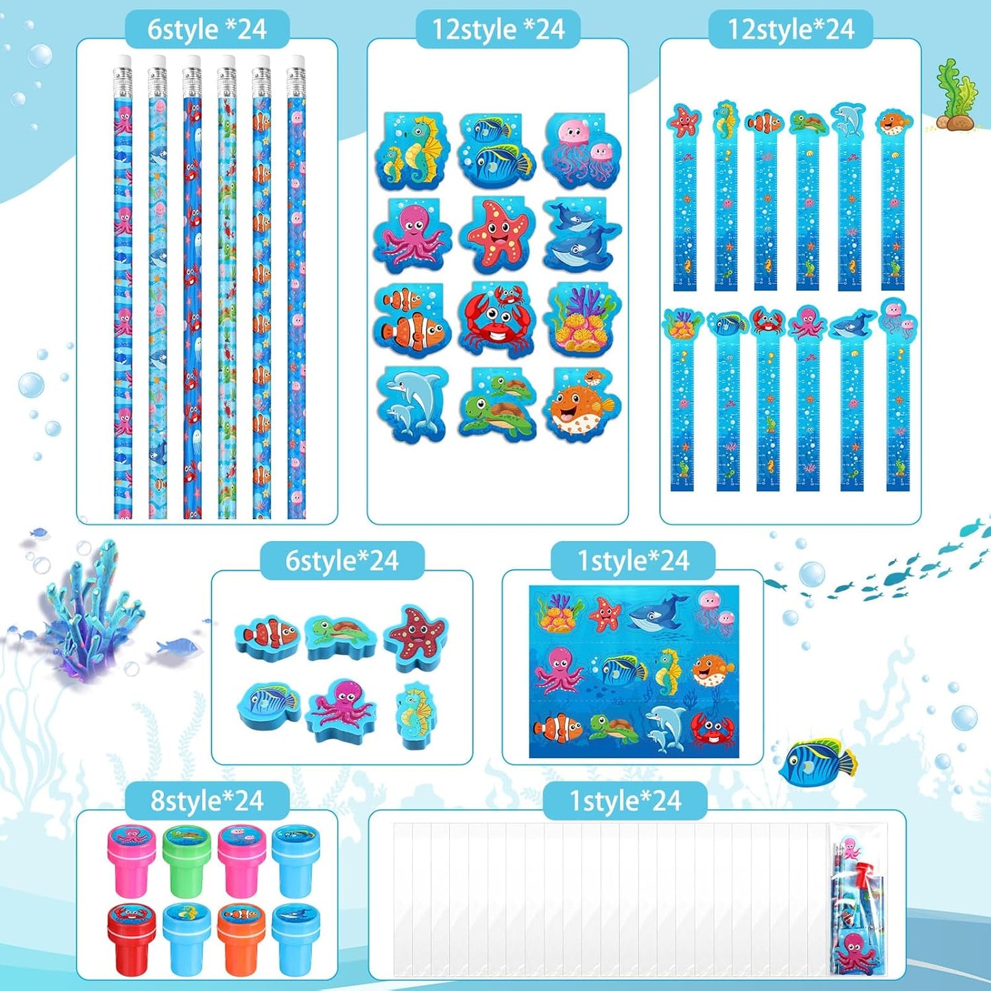 PerKoop 168 Pcs Under The Sea Stationery Ocean Themed Goodie Bag Stuffers Party Supplies with Mini Ocean Notebook Pencil Sticker Stationery Gift Set for Sea Animals Prizes Rewards Piñata Fillers